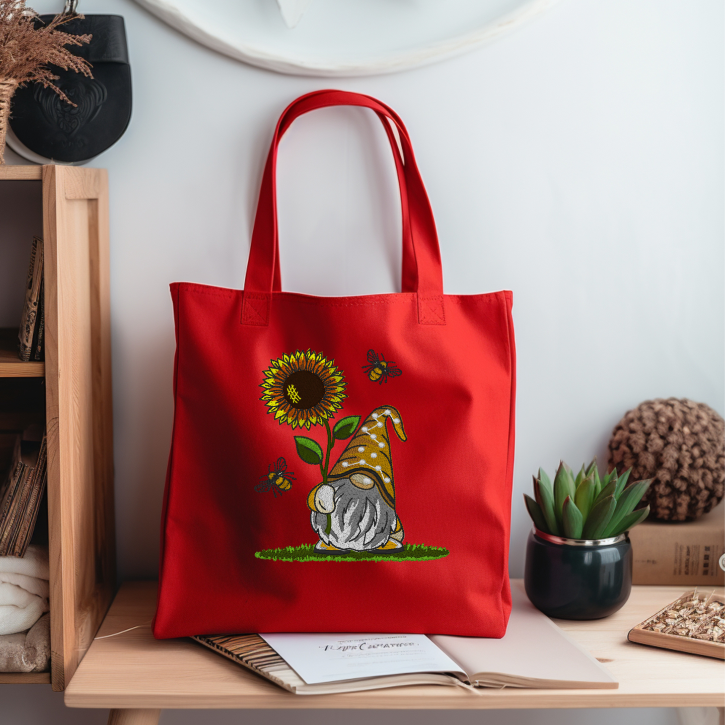 Personalized Embroidered Sunflower Gnome Canvas Book Bag Reusable Grocery Sack Custom Shopping Bag Canvas Book Tote Mother's Day Gift