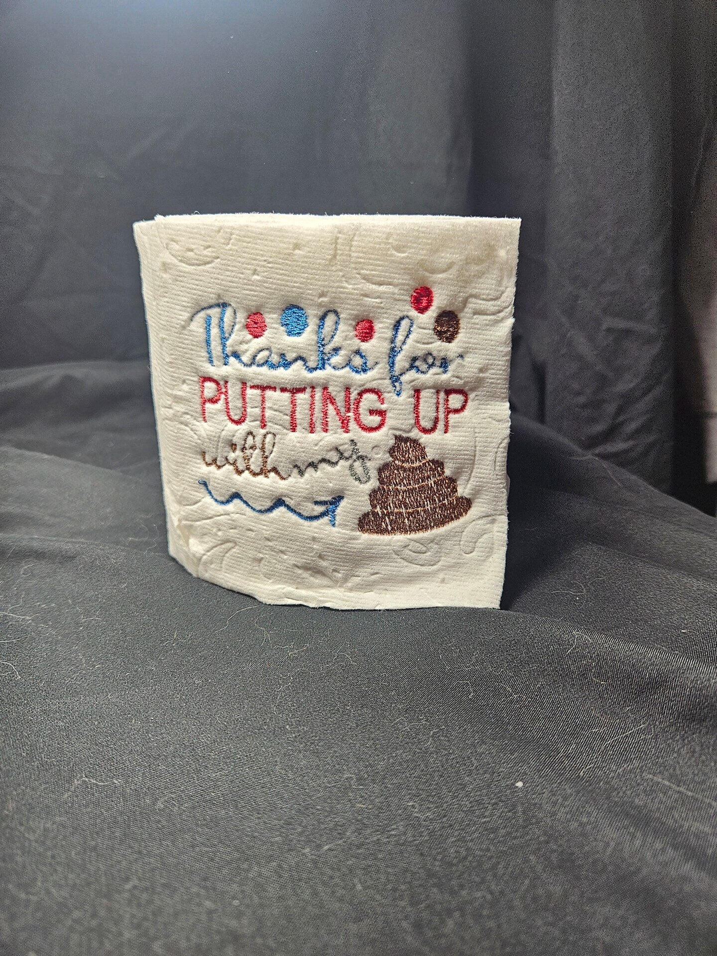 Embroidered Toilet Paper Thank you, Work, Bathroom Decor White Elephant Present Gag Gift TP Decoration