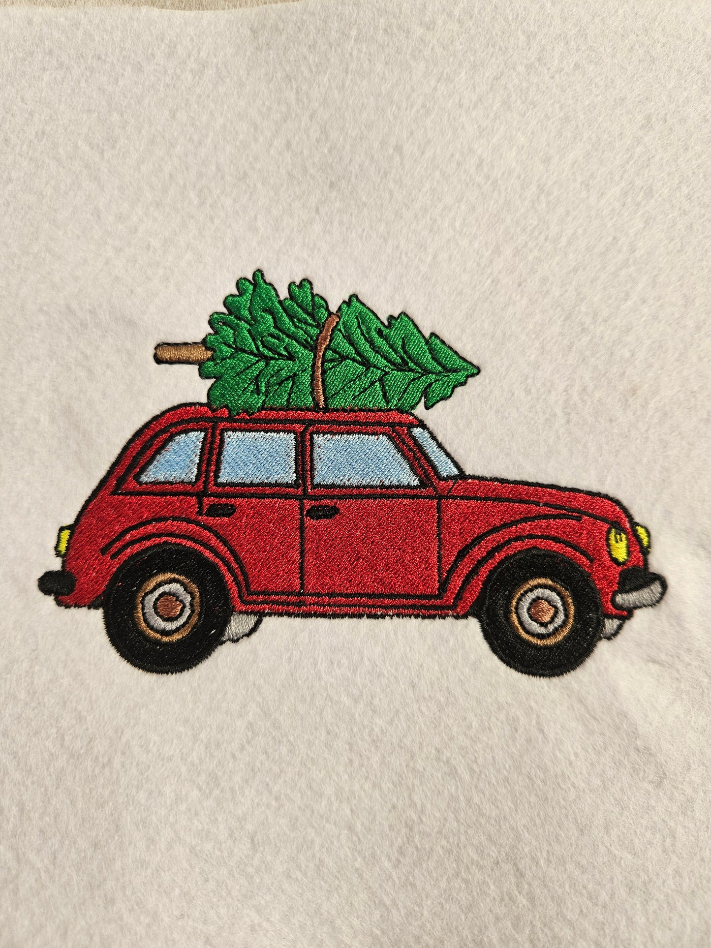 Christmas Car Embroidered Sweatshirt | Red Car with Tree | Gildan Hoodie or Crewneck | Made to Order | 11 Colors Available
