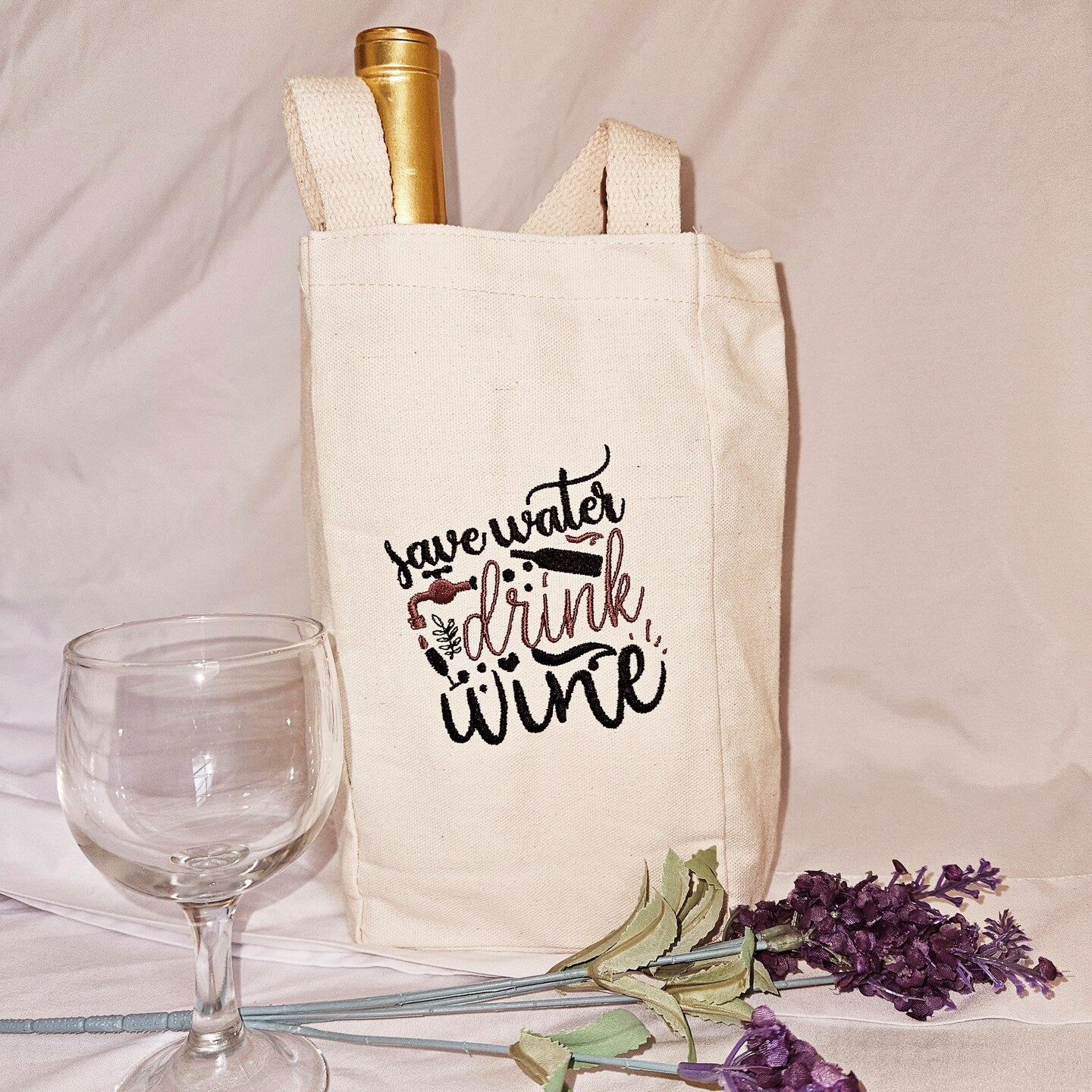 Embroidered Canvas Double Wine Tote Housewarming Wine Bag Gift Mother's Day Wine Sack Present Thank You Gift