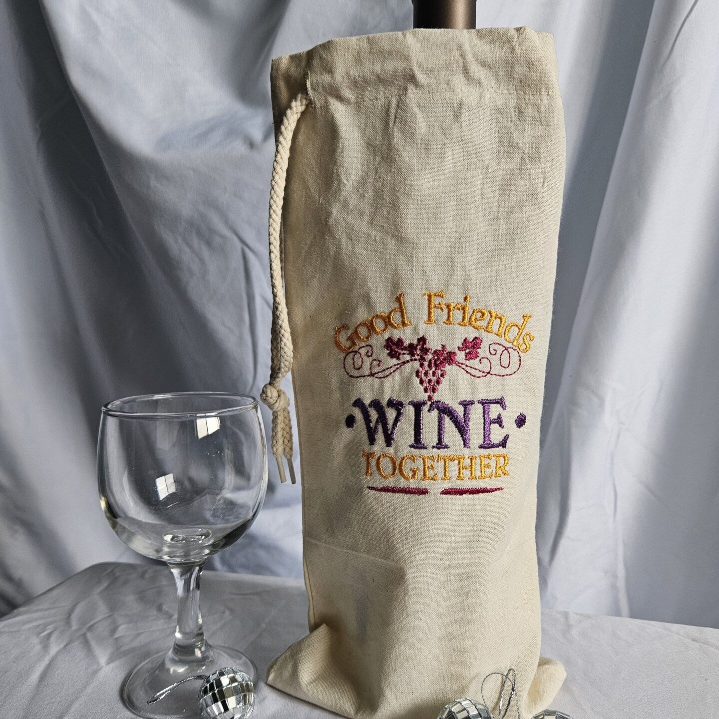 Embroidered Canvas Drawstring Wine Tote Housewarming Wine Bag Gift Mother's Day Wine Sack Present Thank You Gift Wine Statements