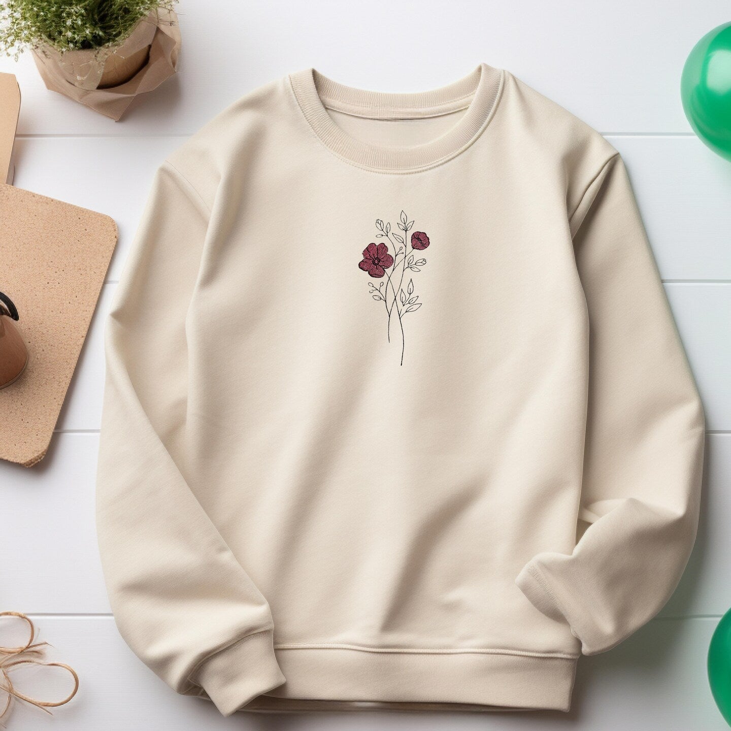Embroidered Sweatshirt Flower Womens Sweater Gift Comfy Pullover Unisex Hoodie Embroidered Custom Crewneck Sweatshirt for Mom