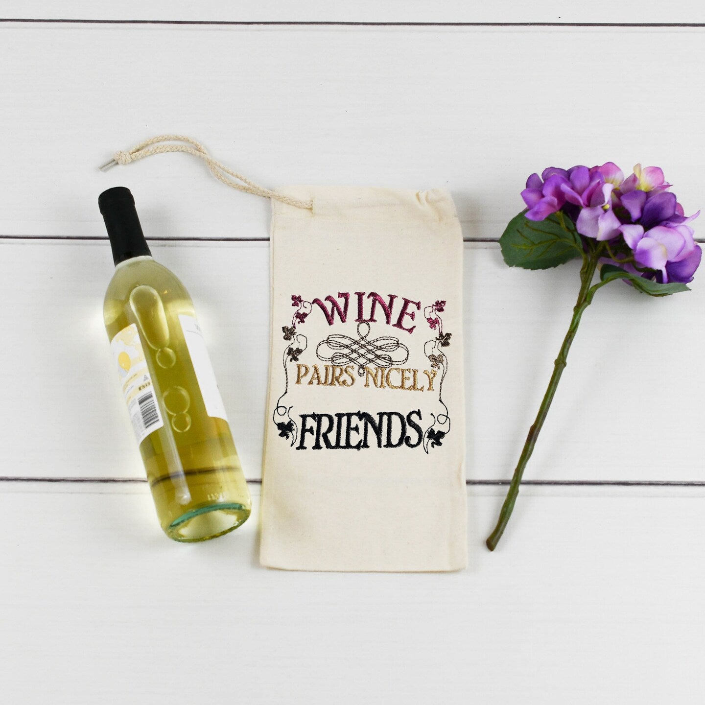 Embroidered Canvas Drawstring Wine Tote Housewarming Wine Bag Gift Mother's Day Wine Sack Present Thank You Gift Wine Statements