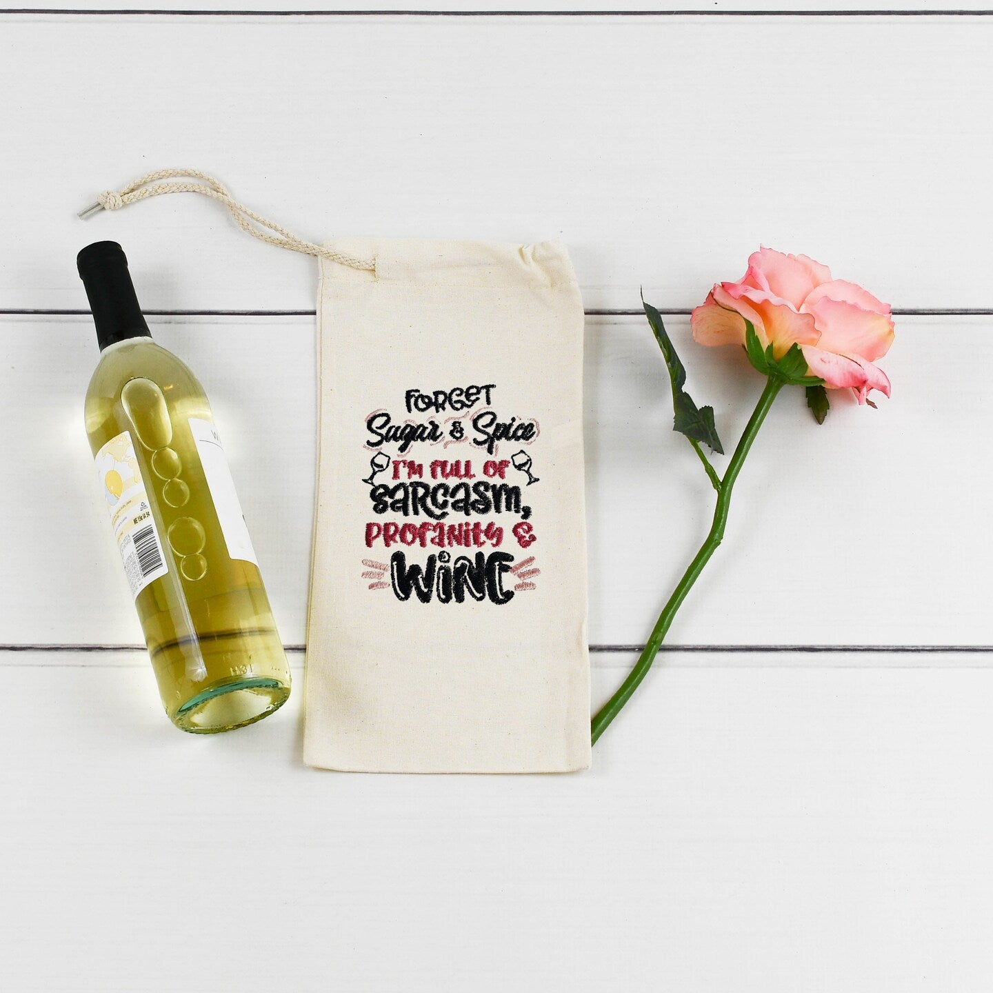 Embroidered Canvas Drawstring Wine Tote Housewarming Wine Bag Gift Mother's Day Wine Sack Present Thank You Gift Wine Statements