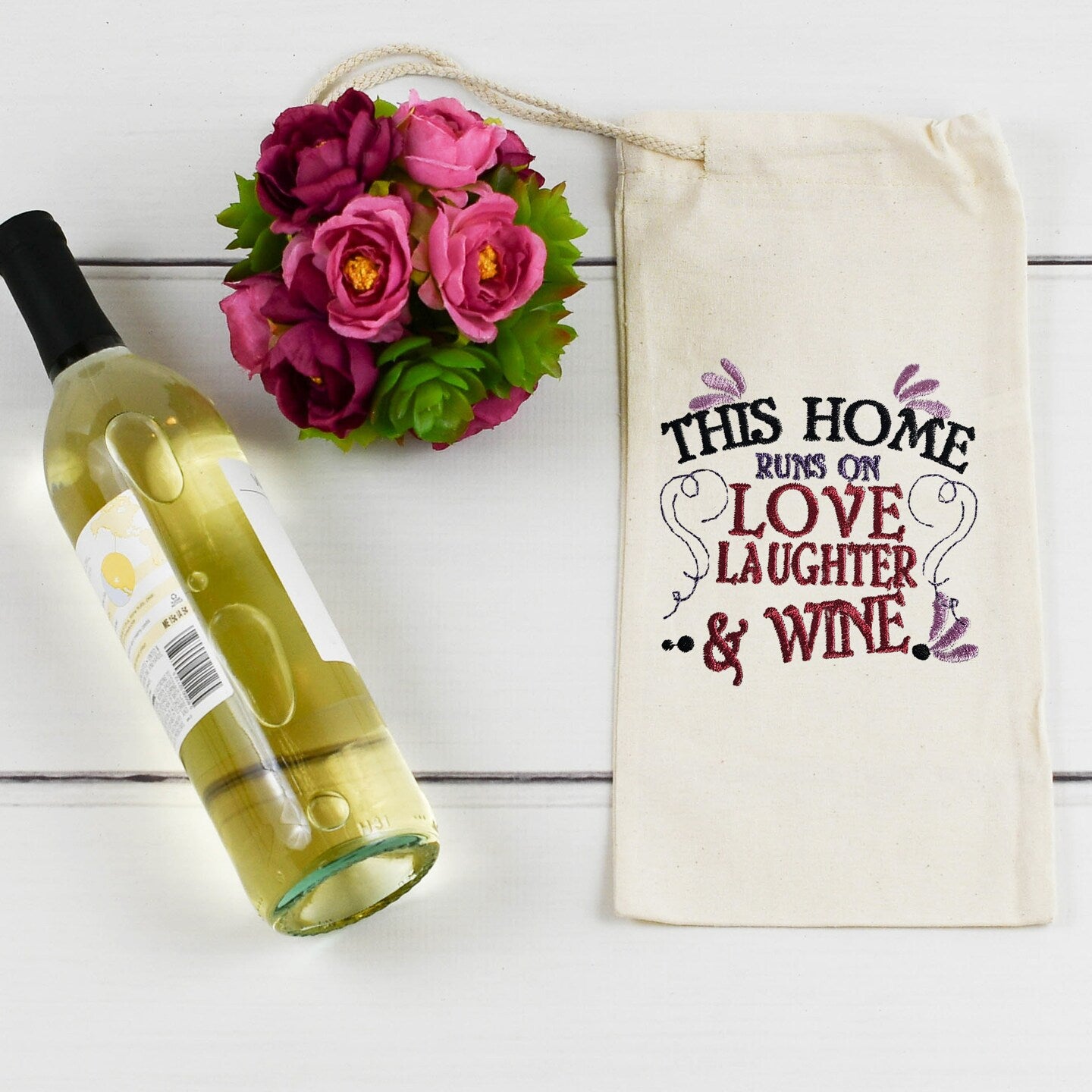 Embroidered Canvas Drawstring Wine Tote Housewarming Wine Bag Gift Mother's Day Wine Sack Present Thank You Gift Wine Statements