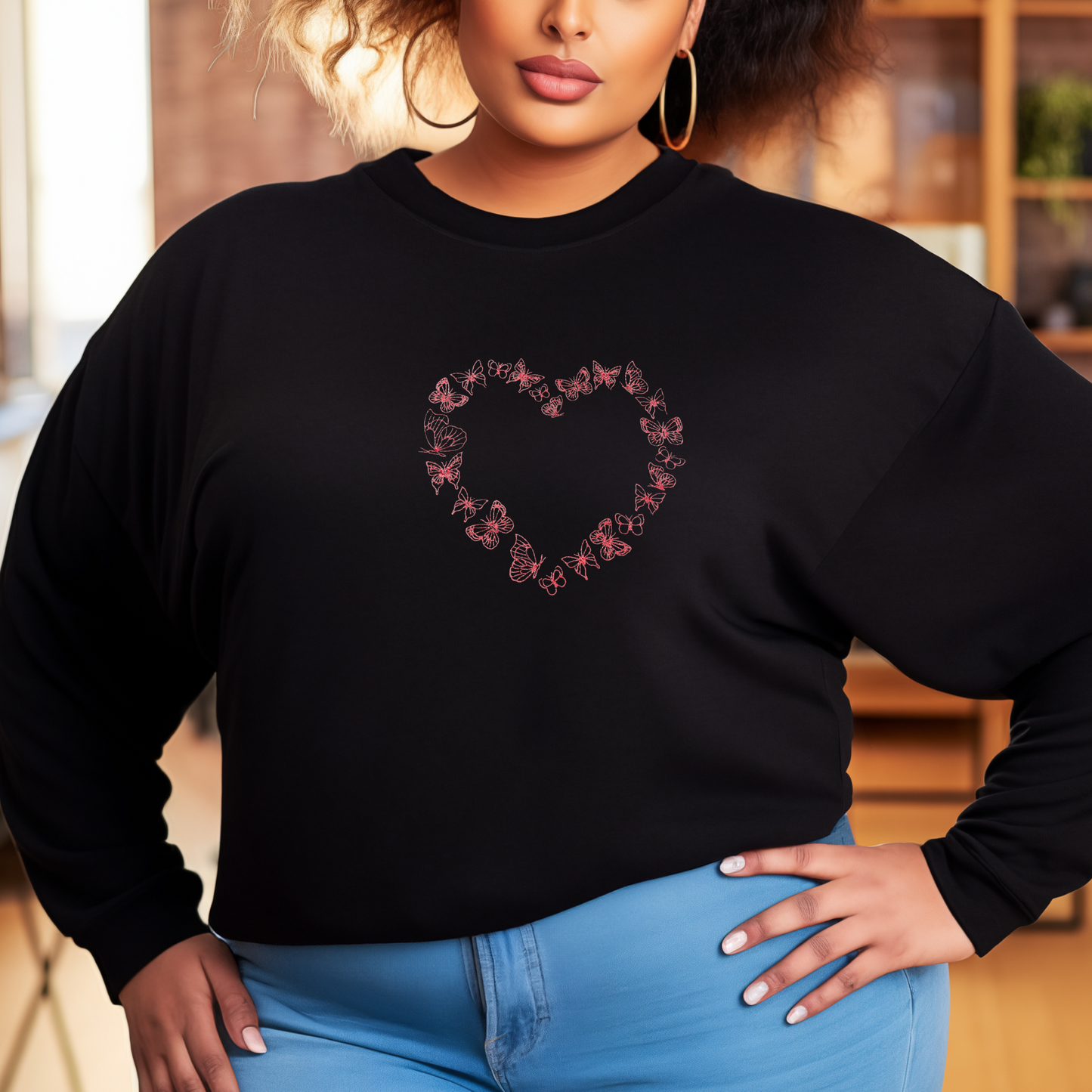 Embroidered Sweatshirt Butterfly Heart Mother's Day Gift Soft Comfy Mom Sweater Present Unisex Hoodie Custom Crewneck Sweatshirt