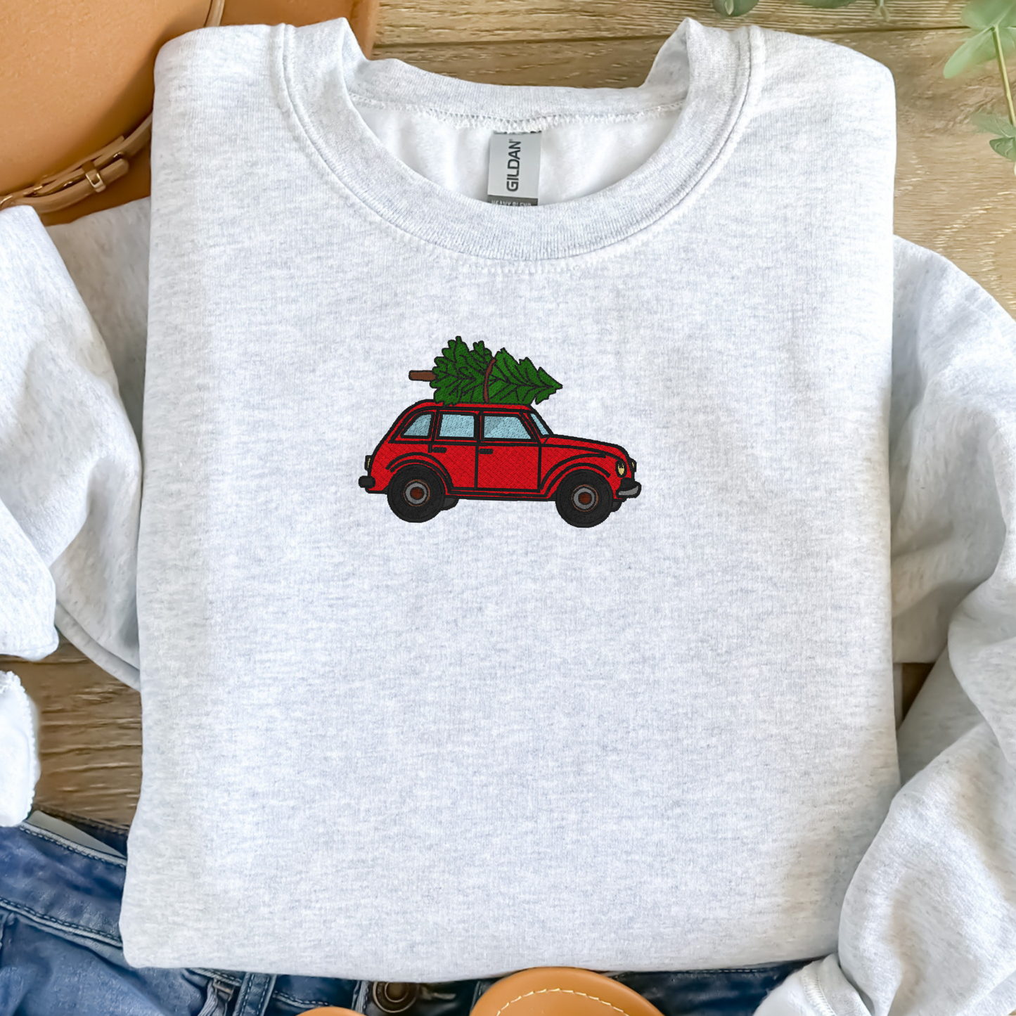 Christmas Car Embroidered Sweatshirt | Red Car with Tree | Gildan Hoodie or Crewneck | Made to Order | 11 Colors Available