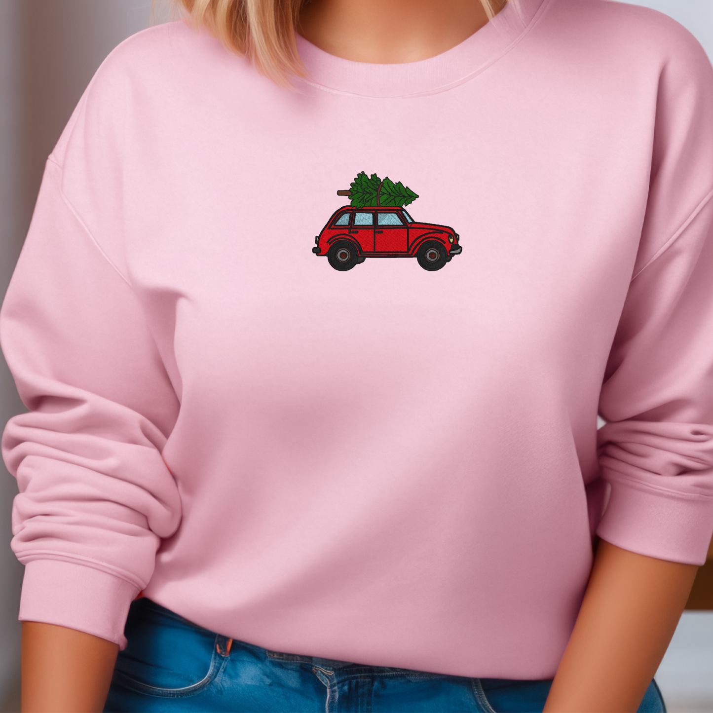 Christmas Car Embroidered Sweatshirt | Red Car with Tree | Gildan Hoodie or Crewneck | Made to Order | 11 Colors Available
