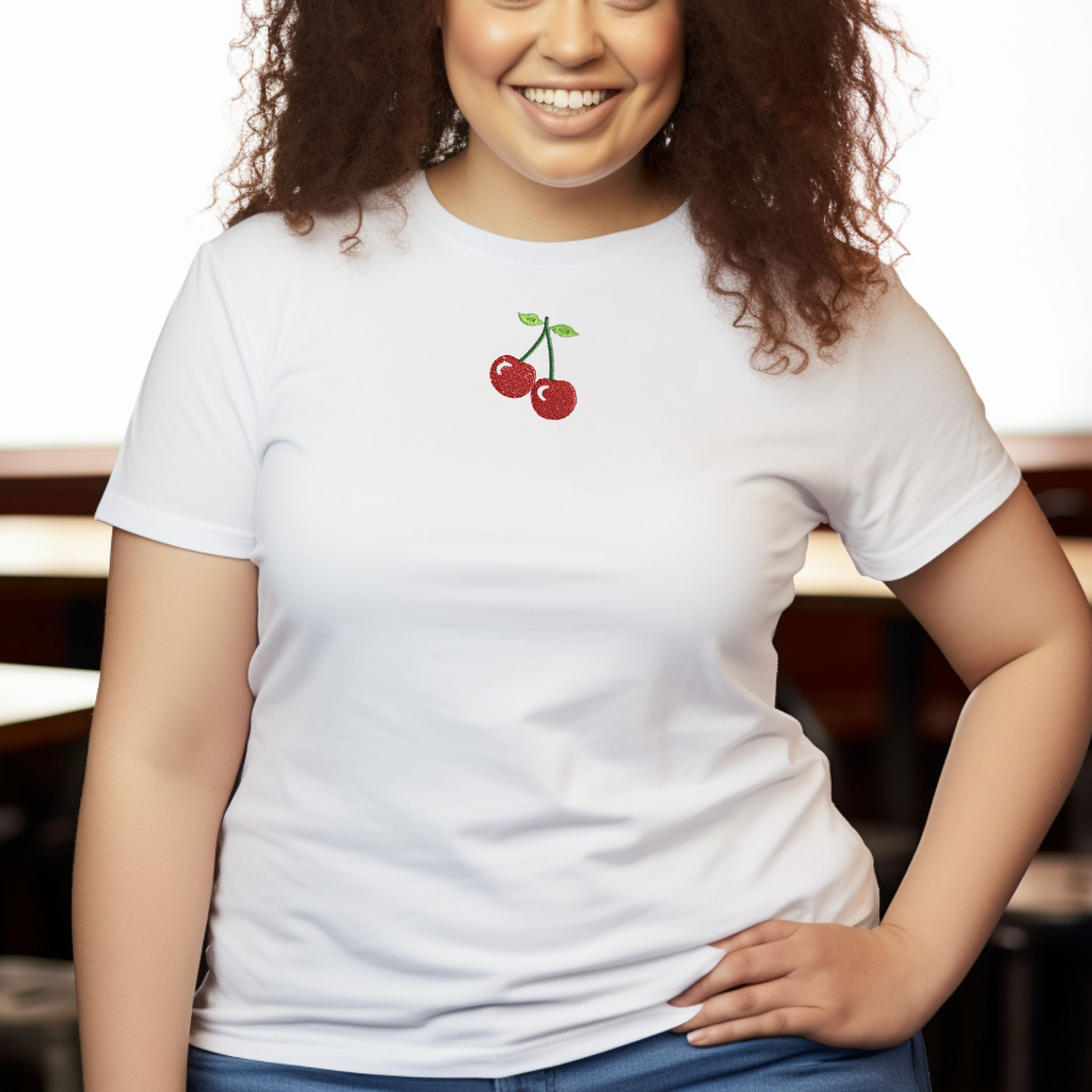 Embroidered Cherry T-shirt Womens Tee Shirt Gift Unisex Comfy Pullover Shirt Teen Present Embroidered Custom Crewneck T-shirt