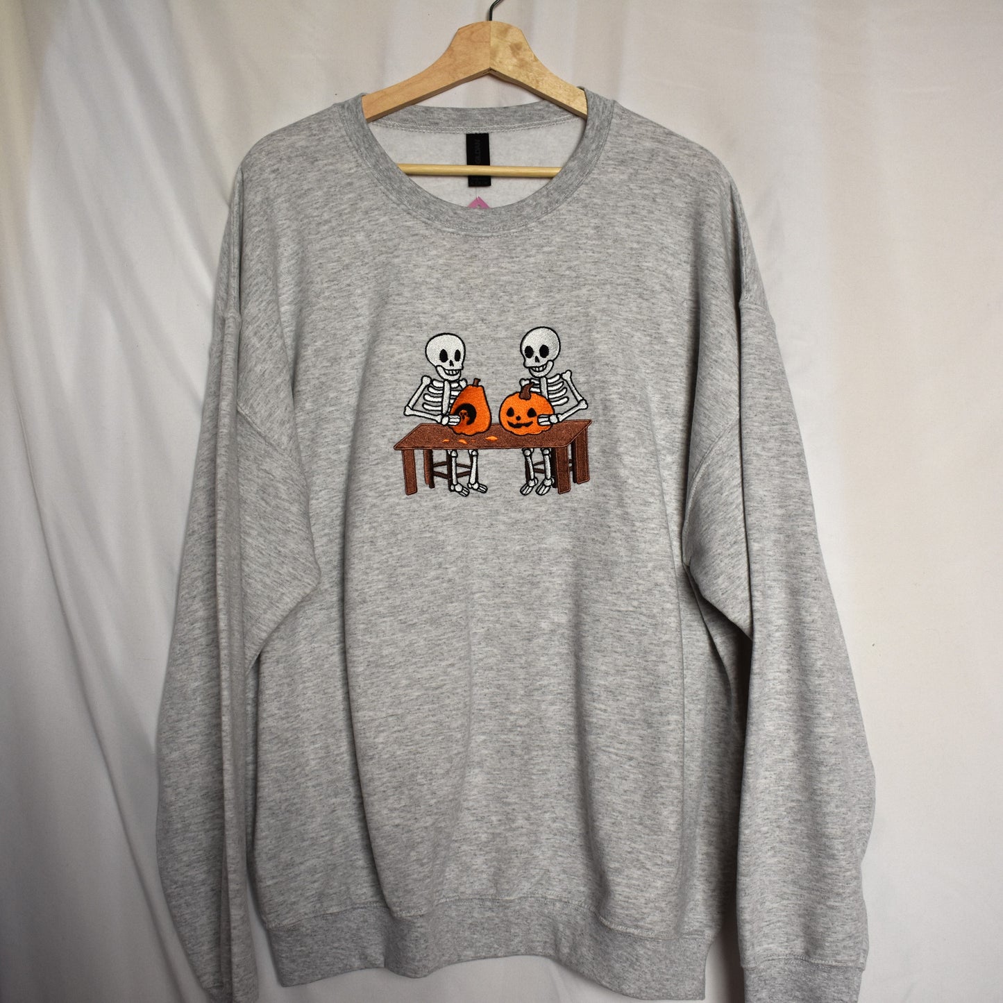 Skeletons Carving Pumpkins Embroidered Sweatshirt | Custom Halloween Crewneck or Hoodie | 11 Colors | Made to Order