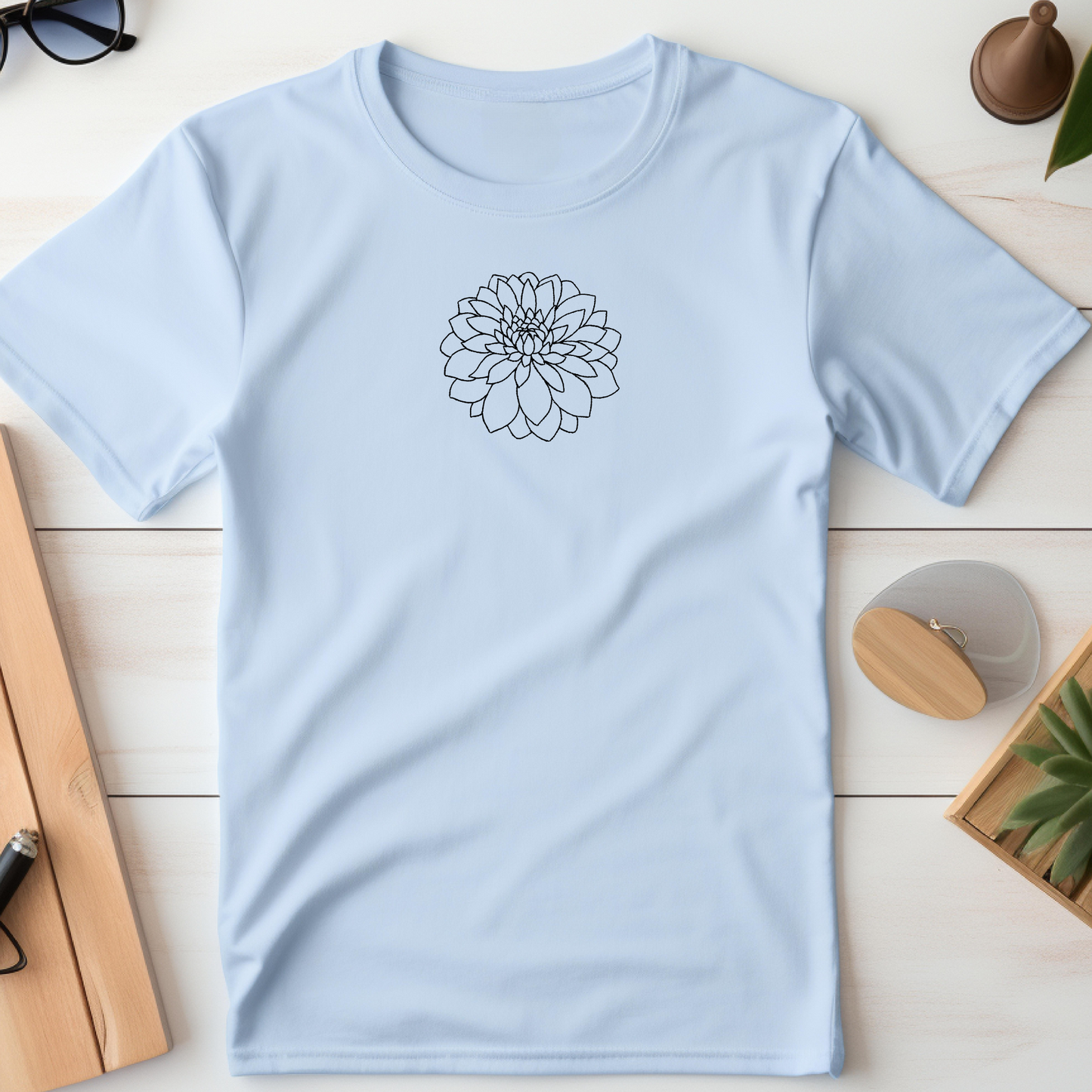 Embroidered T-shirt Dahlia Womens Tee Shirt Gift Unisex Comfy Pullover Shirt Teen Present Embroidered Custom Crewneck T-shirt