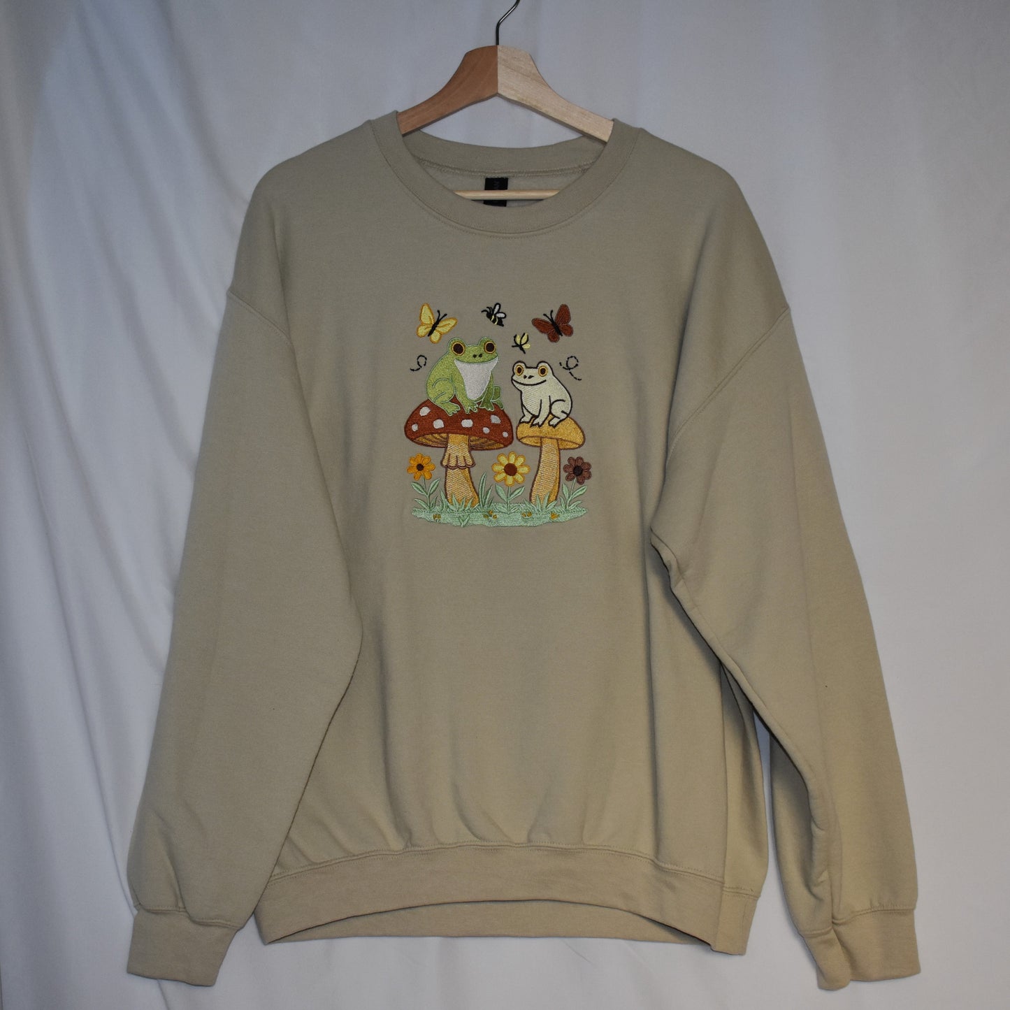 Frogs on Mushrooms Embroidered Sweatshirt | Cute Nature Crewneck or Hoodie | Cottagecore Frog Sweater | Made to Order in 11 Colors