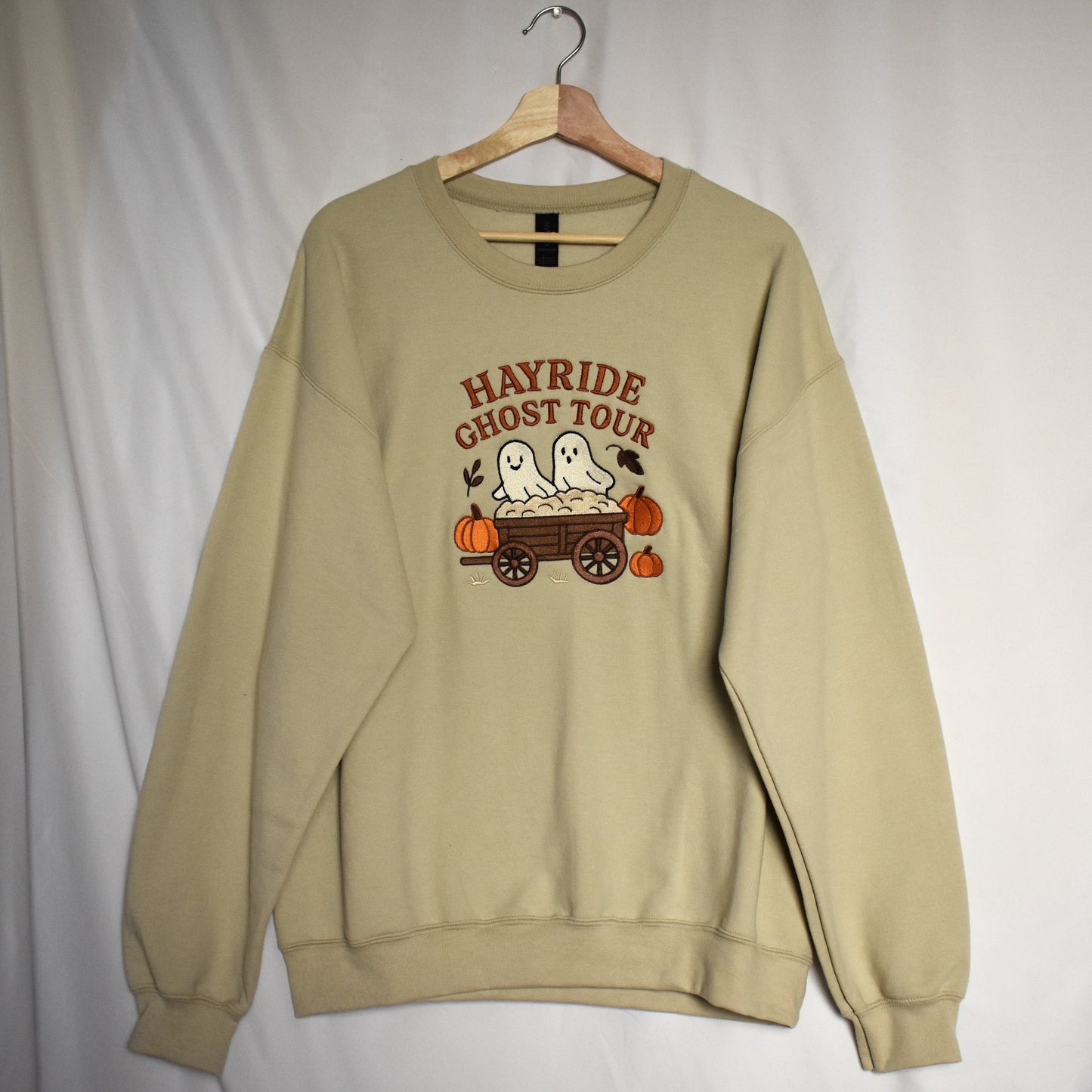 Hayride Ghost Tour Embroidered Sweatshirt | Fall Halloween Crewneck or Hoodie | Ghosts with Pumpkins & Hay Wagon | Autumn Cozy Sweatshirt