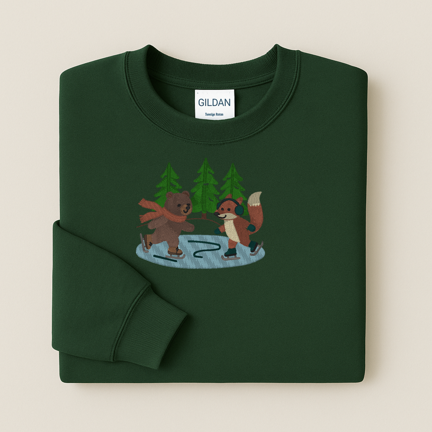 Woodland Ice Skating Embroidered Sweatshirt | Bear & Fox Winter Hoodie or Crewneck | Gildan | Made to Order | 11 Colors Available