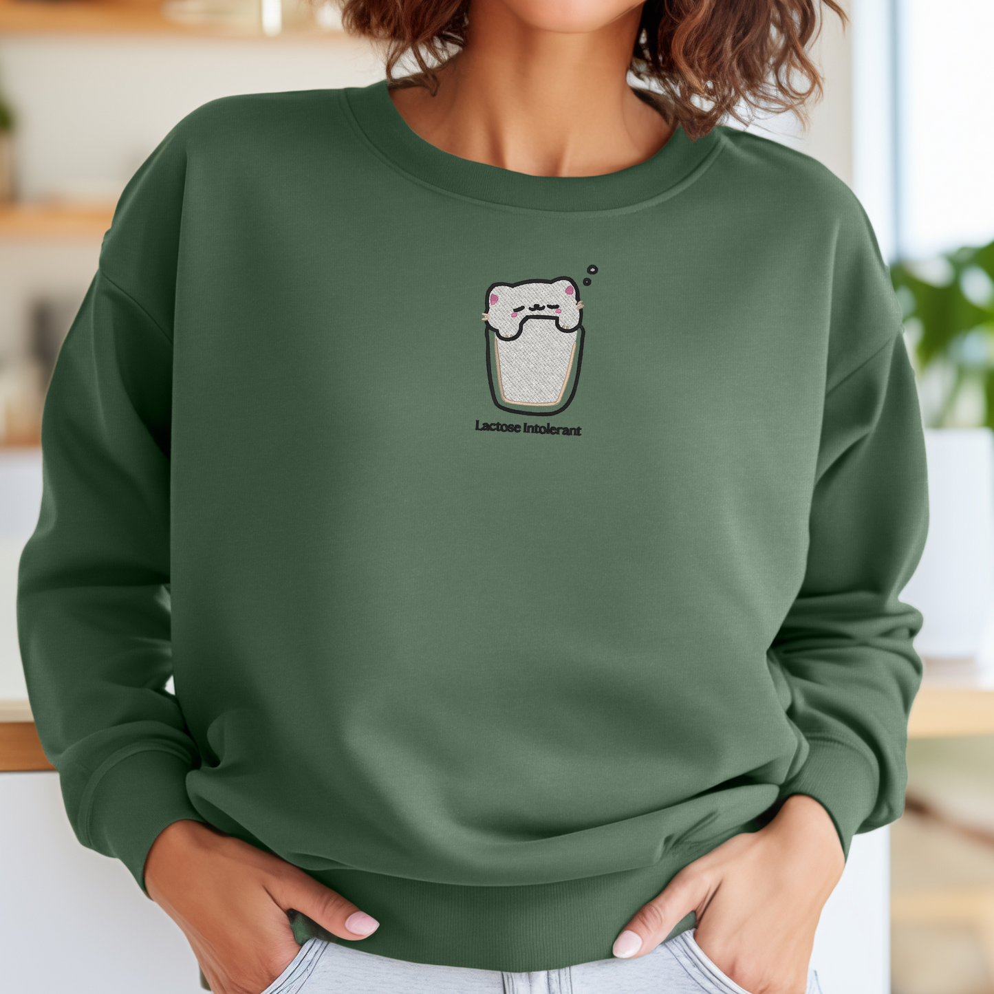 Lactose Intolerant Embroidered Sweatshirt | Cute Cat Glass of Milk | Gildan Hoodie or Crewneck | Made to Order | 11 Colors Available