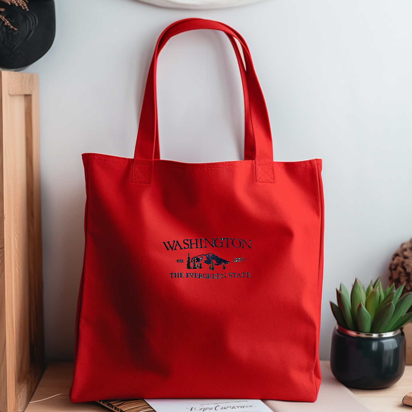 Personalized Embroidered Washington State Canvas Book Bag Reusable Grocery Sack Custom Shopping Bag Canvas Tote Mother's Day Gift Present for Book Lover