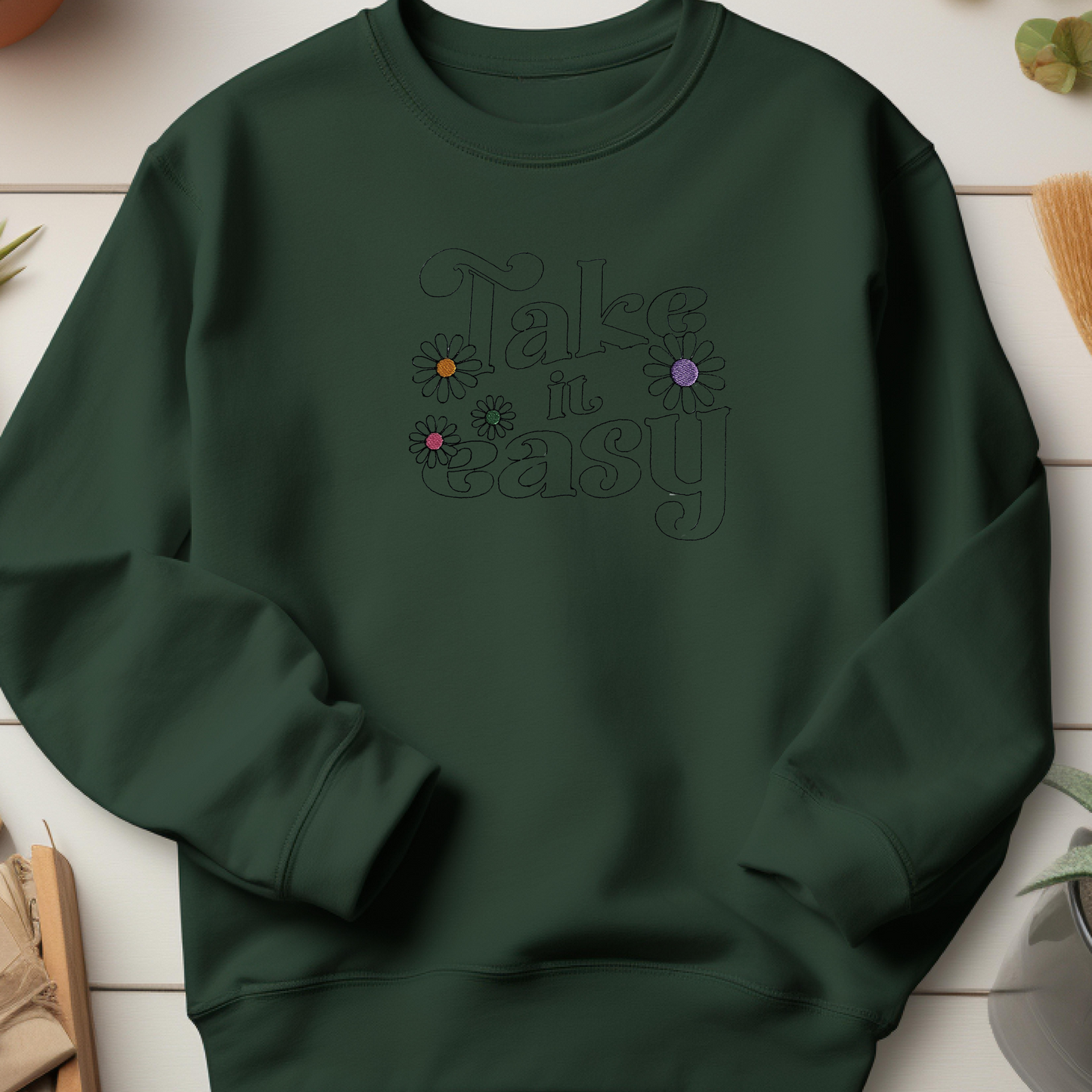 Embroidered Sweatshirt Take it Easy Womens Shirt Gift Unisex Comfy Pullover Crewneck Present Embroidered Custom Hoodie