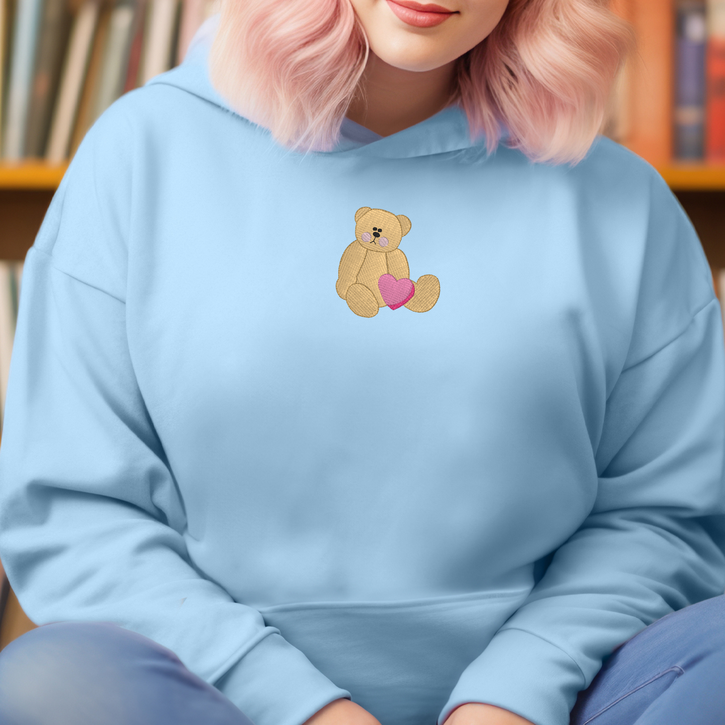 Embroidered Sweatshirt Teddy bear with Heart Sweater Comfy Gift Women's and Men's Pullover Present Unisex Hoodie Custom Crewneck