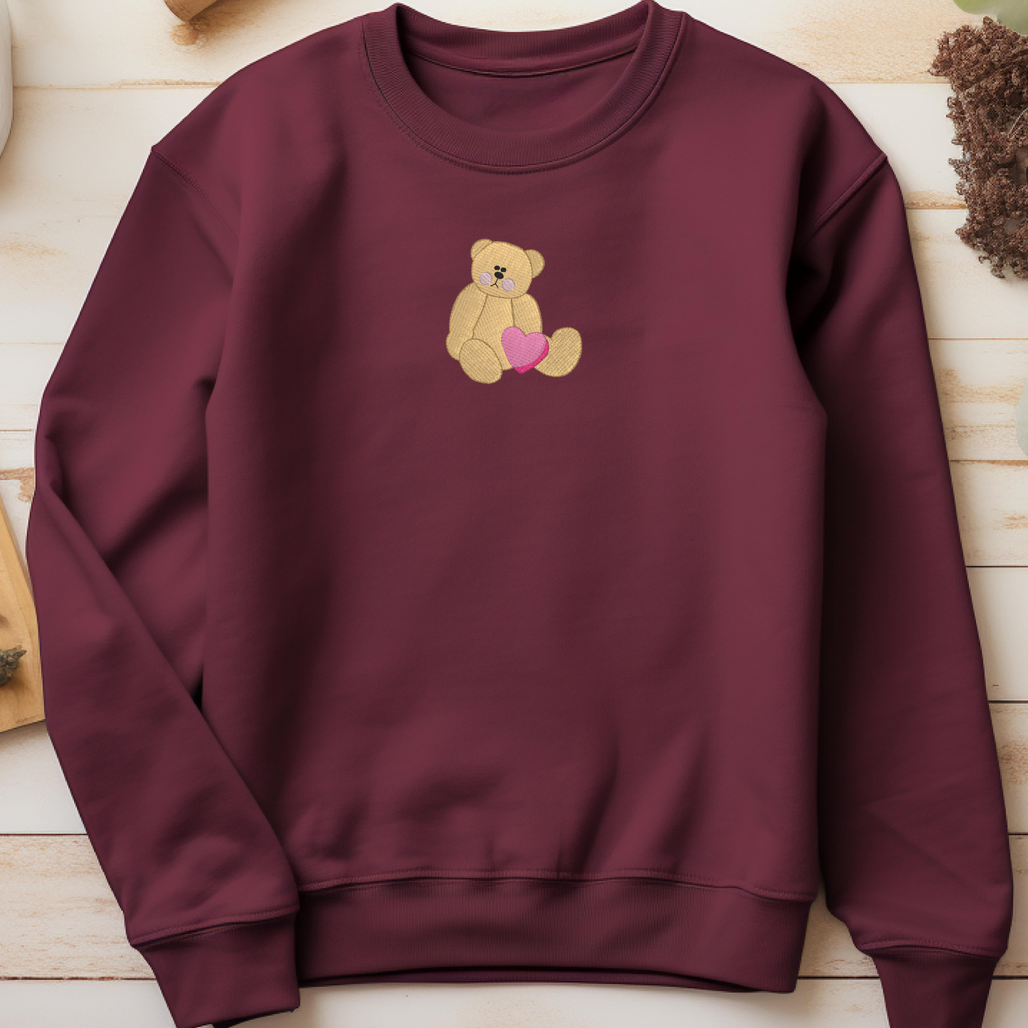 Embroidered Sweatshirt Teddy bear with Heart Sweater Comfy Gift Women's and Men's Pullover Present Unisex Hoodie Custom Crewneck