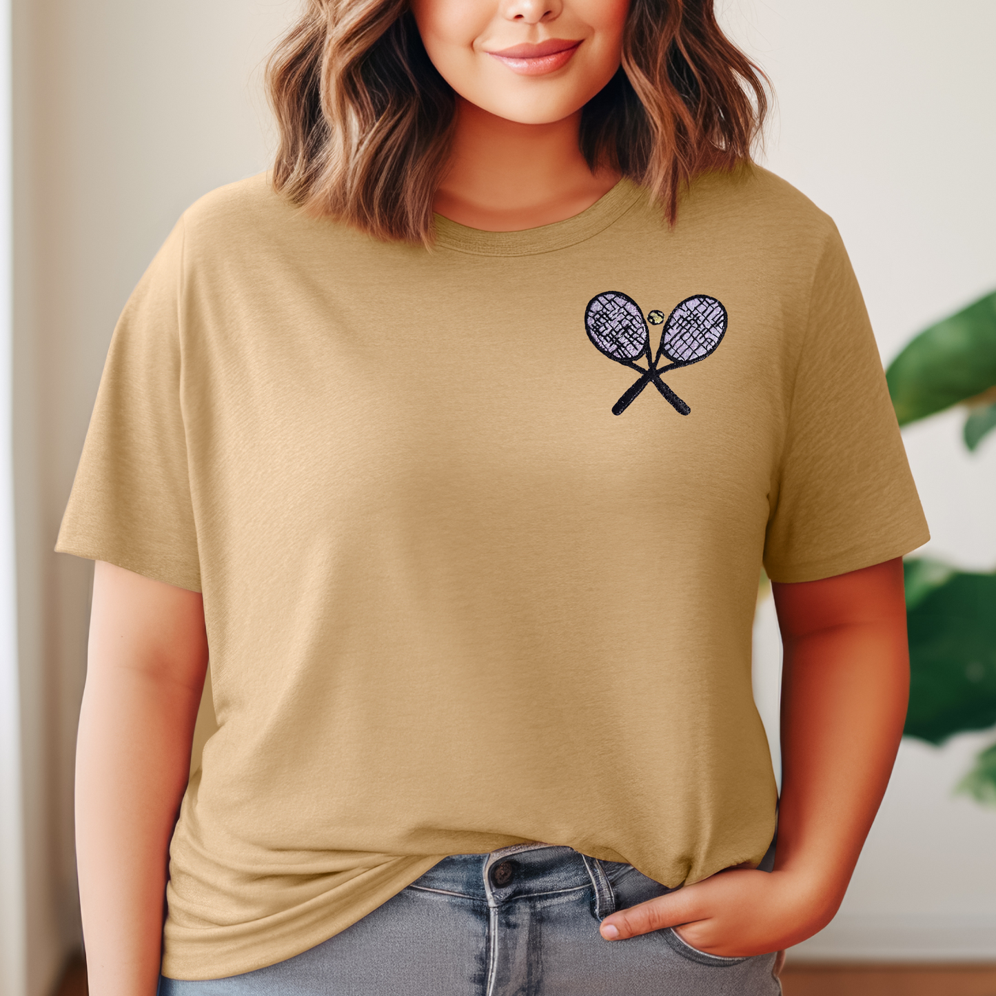 Embroidered Tennis Rackets T-shirt Womens and Mens Tee Shirt Gift Unisex Comfy Pullover Shirt Teen Gift Embroidered Custom Crewneck T-shirt