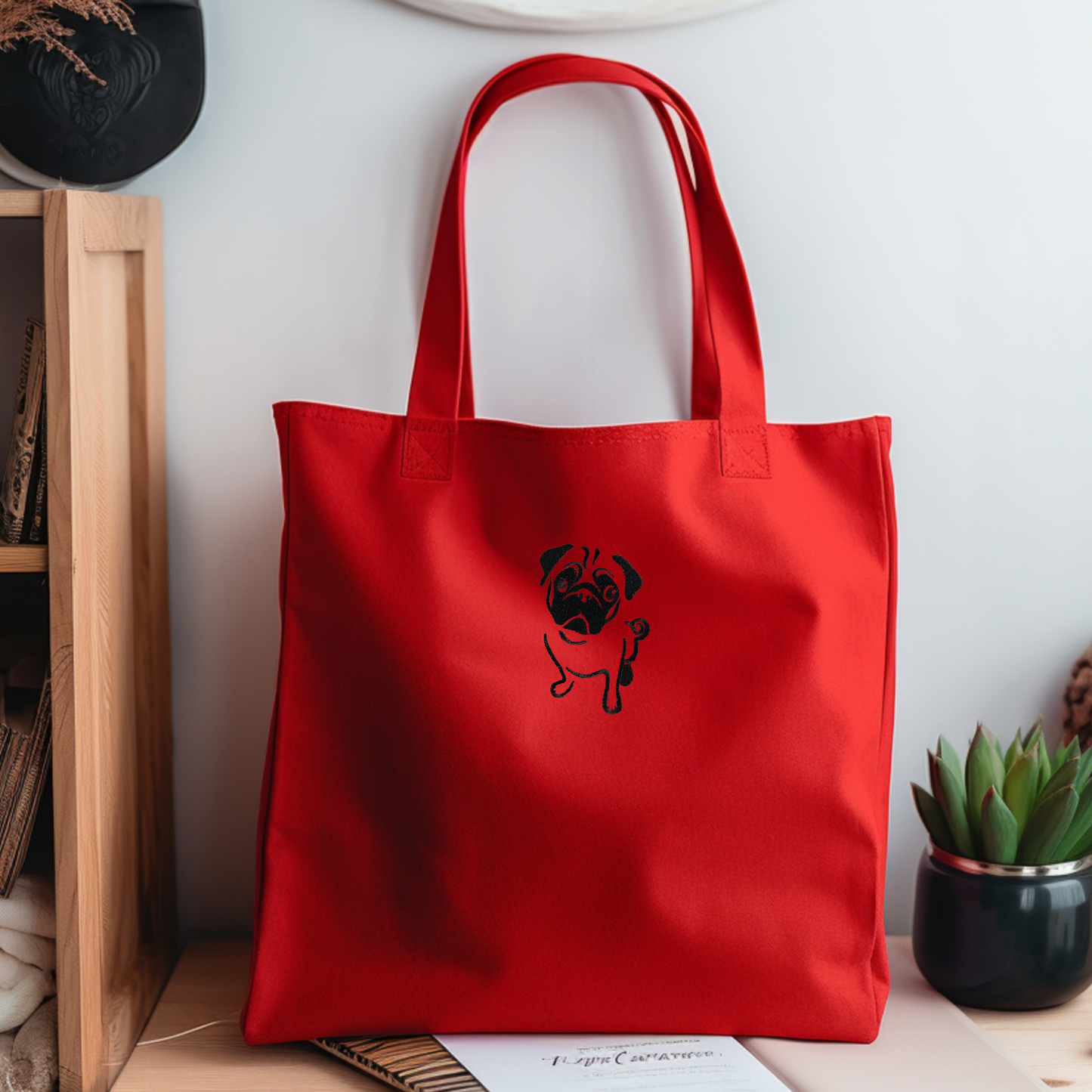 Personalized Embroidered Pug Canvas Book Bag Reusable Grocery Sack Custom Shopping Bag Canvas Tote Mother's Day Gift Present for Reader
