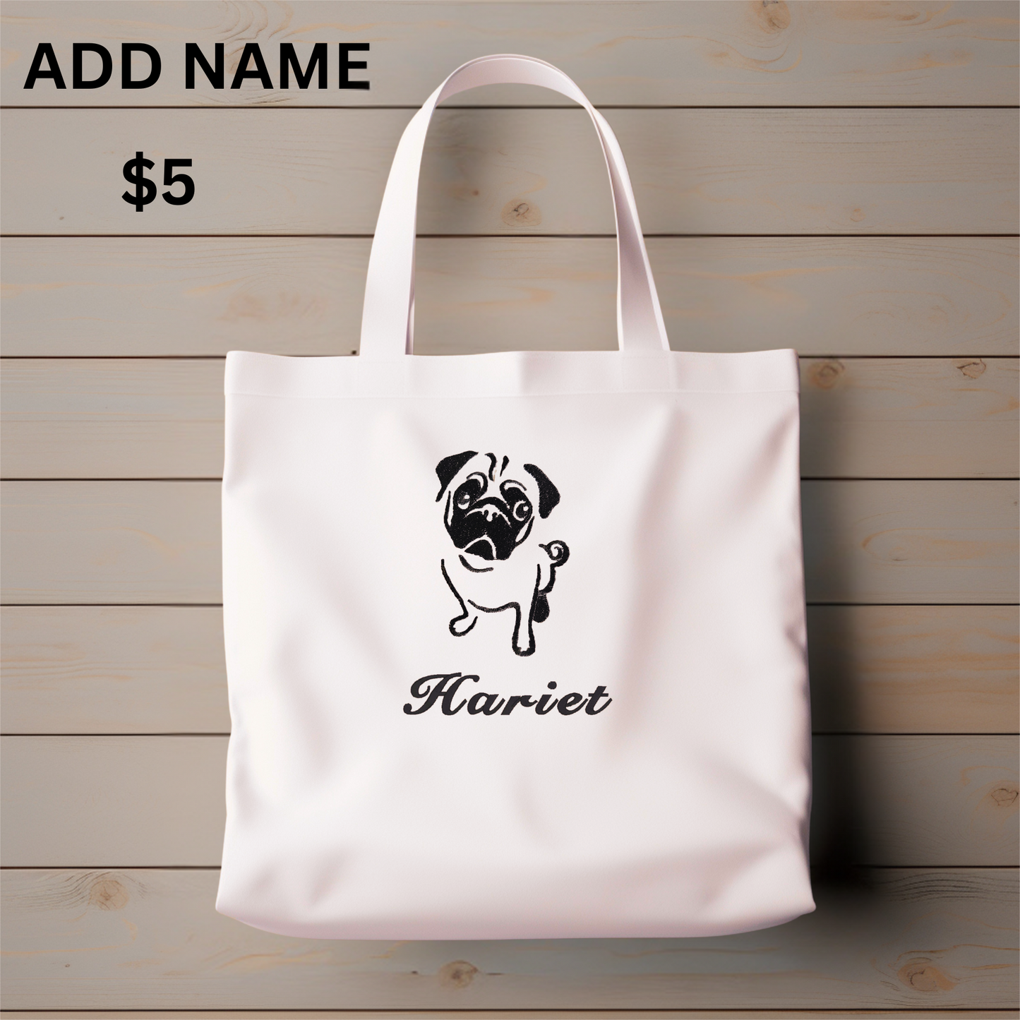 Personalized Embroidered Pug Canvas Book Bag Reusable Grocery Sack Custom Shopping Bag Canvas Tote Mother's Day Gift Present for Reader