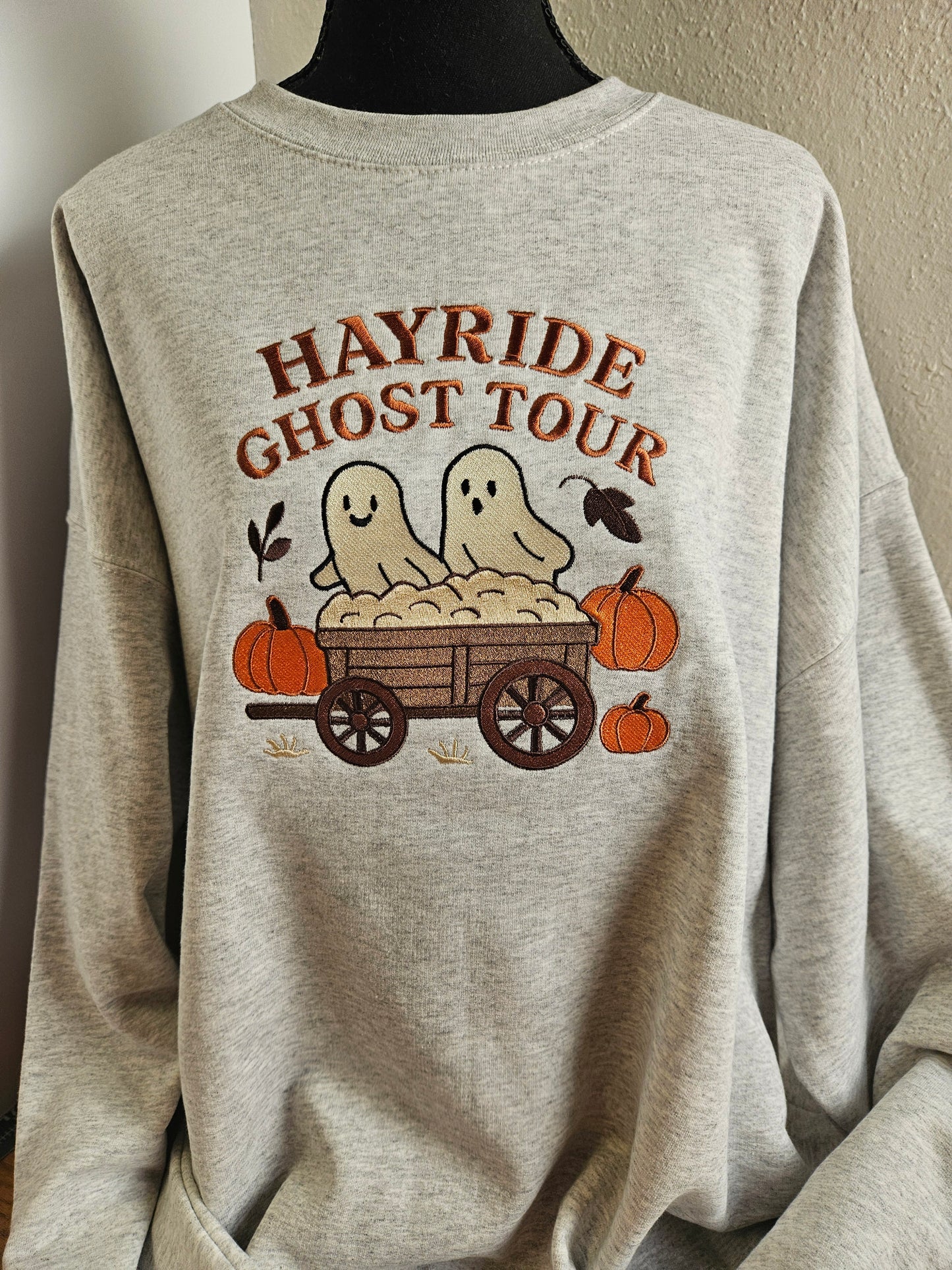 Hayride Ghost Tour Embroidered Sweatshirt | Fall Halloween Crewneck or Hoodie | Ghosts with Pumpkins & Hay Wagon | Autumn Cozy Sweatshirt