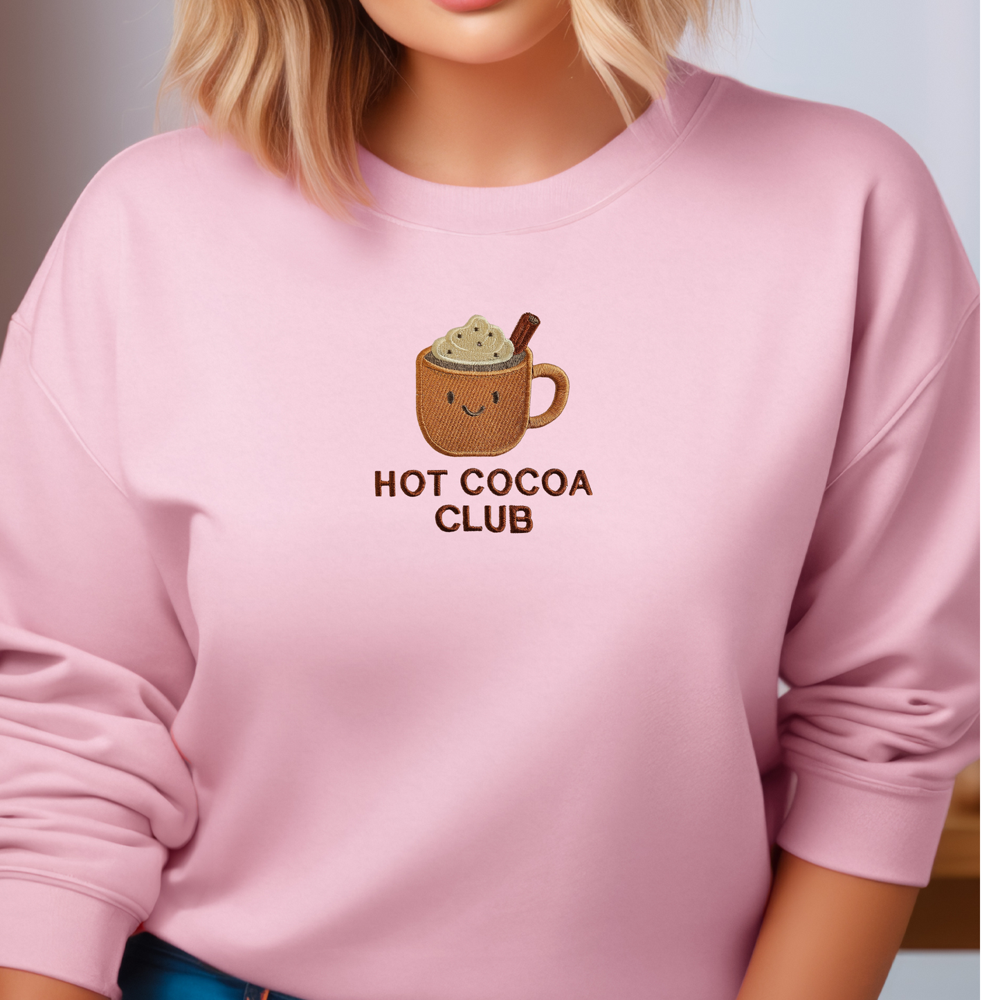 Custom Hot Cocoa Club Embroidered Sweatshirt | Personalized Winter Hoodie or Crewneck | 10 Color Choices | Cozy Hot Chocolate Pullover