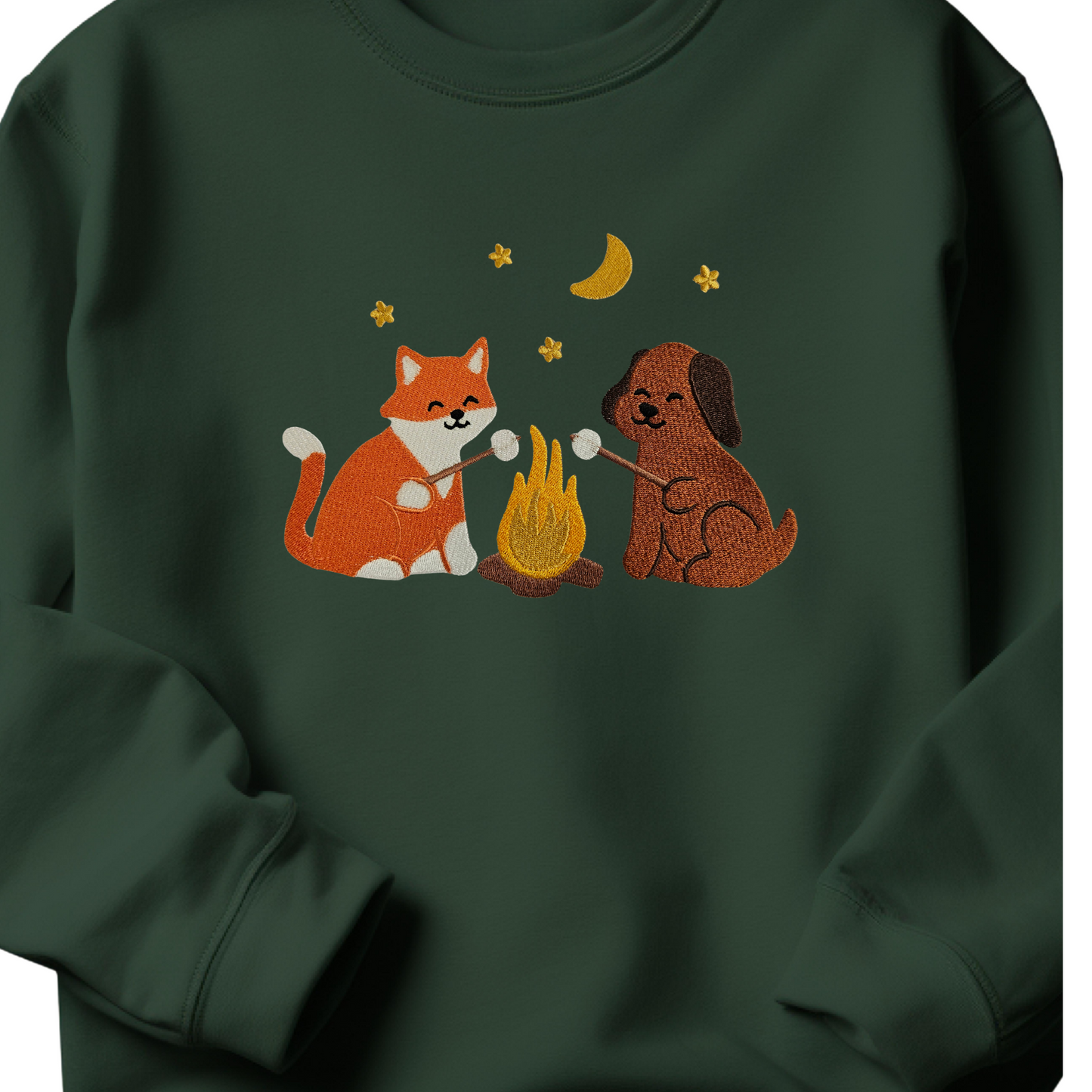 Cozy Campfire Friends Embroidered Sweatshirt | Fox & Dog Roasting Marshmallows | Fall Camping Crewneck or Hoodie