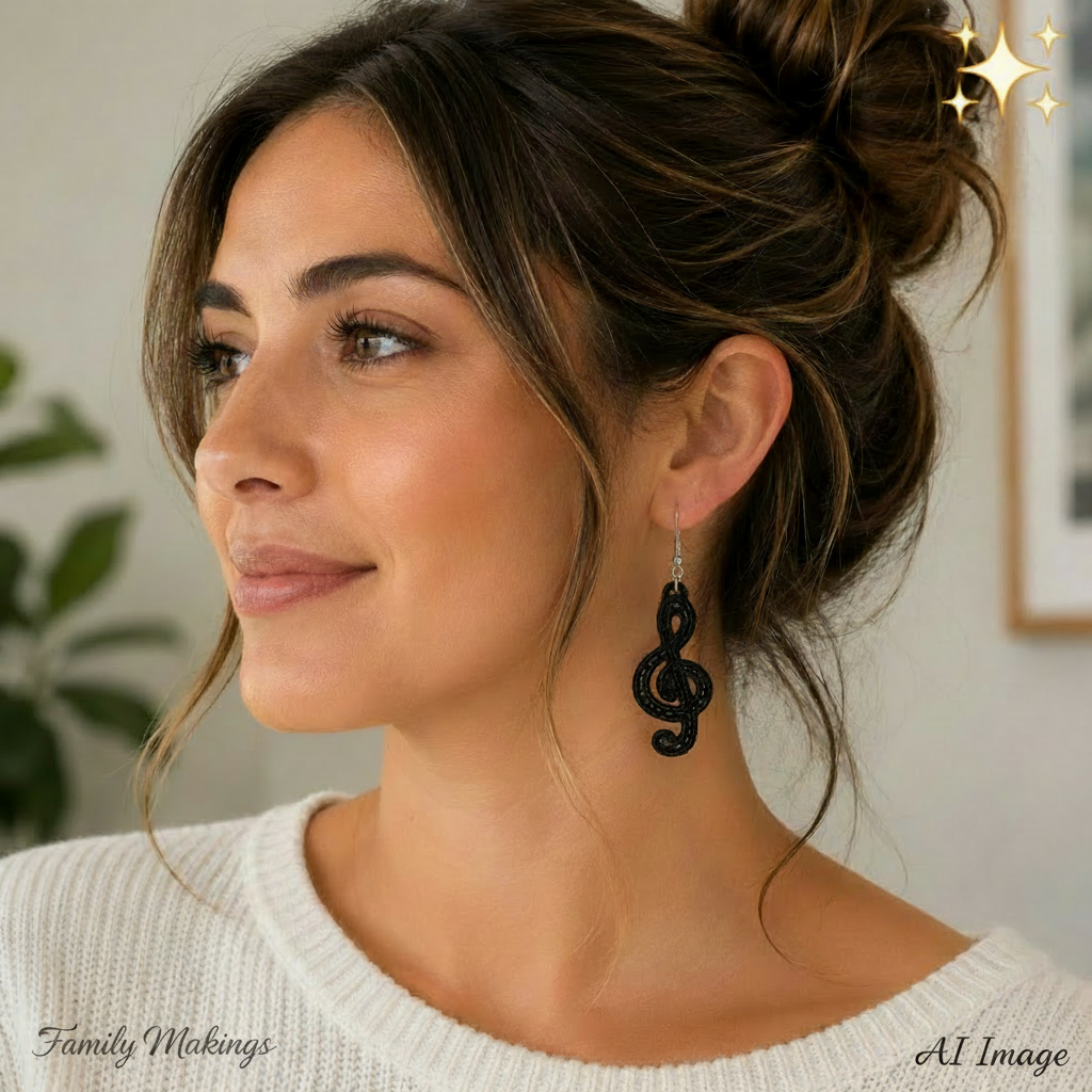 Person wearing black treble clef embroidered earrings