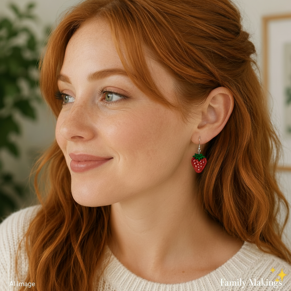 A person wearing the embroidered strawberry earrings