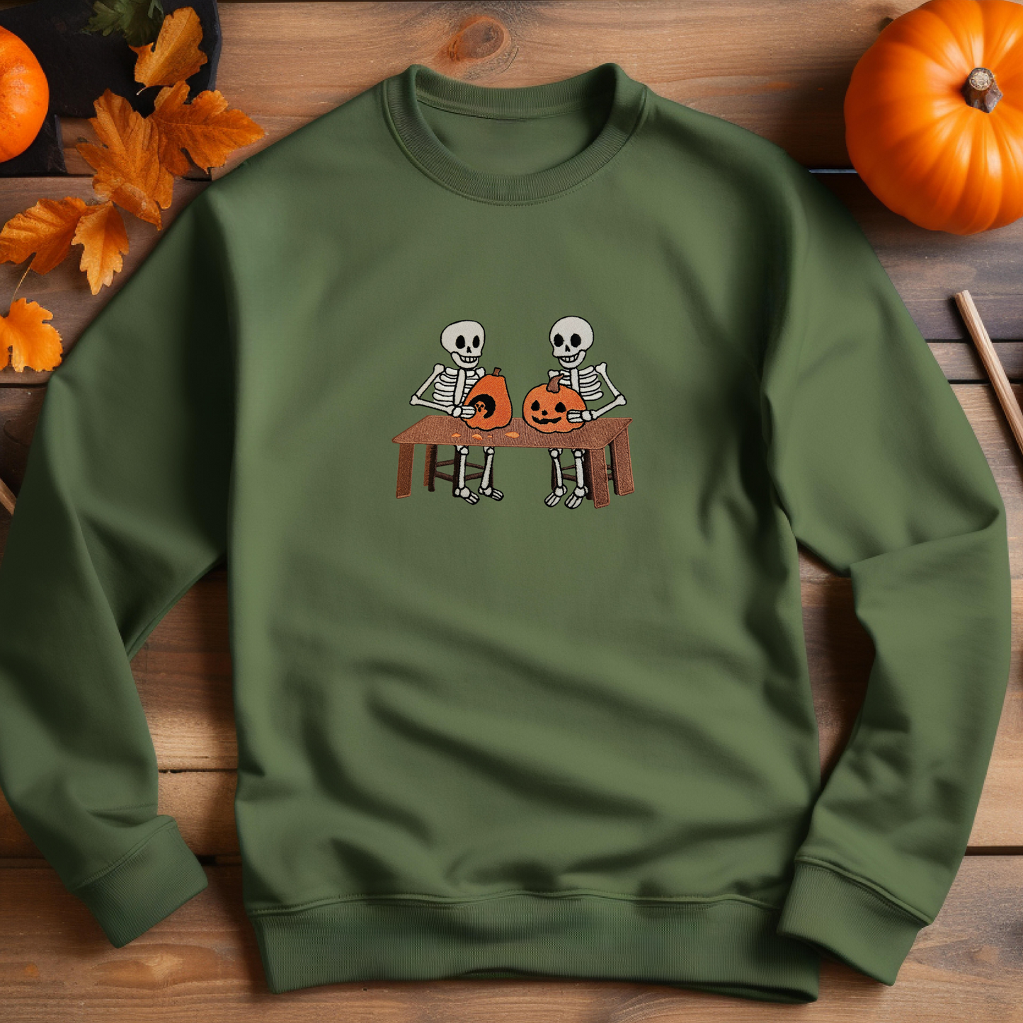Skeletons Carving Pumpkins Embroidered Sweatshirt | Custom Halloween Crewneck or Hoodie | 10 Colors | Made to Order