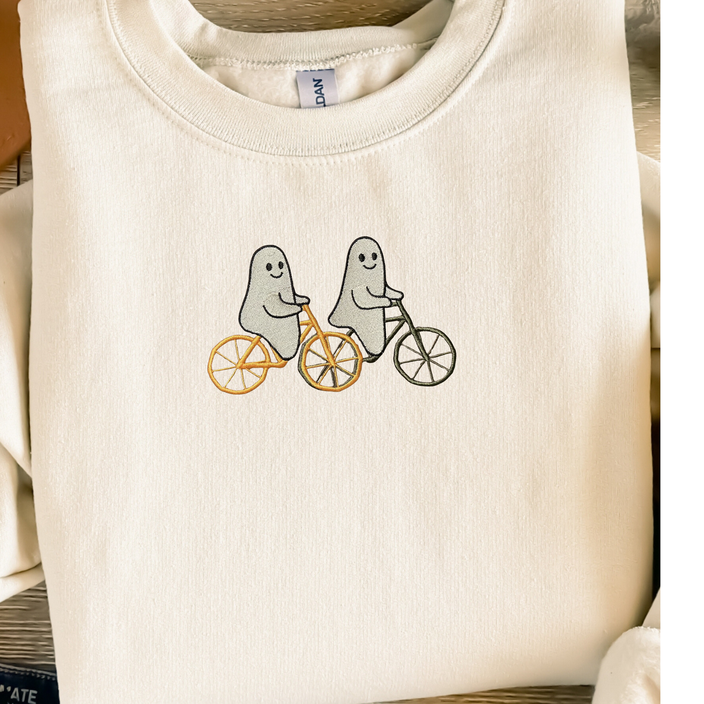 Halloween Ghost Sweatshirt, Embroidered Crewneck or Hoodie, Ghost Friends on Bikes, Fall Embroidery Pullover