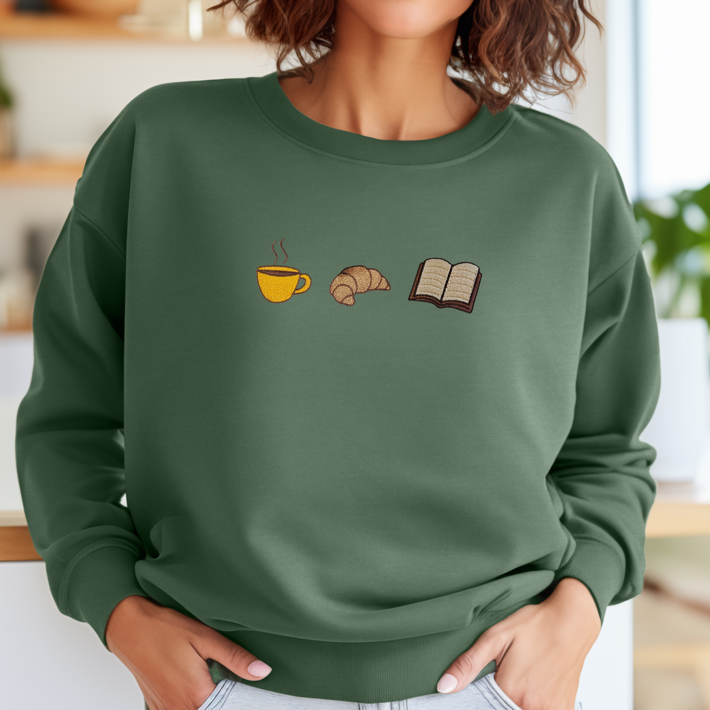 Book Lover Embroidered Sweatshirt | Coffee & Croissant Design | 11 Color Options