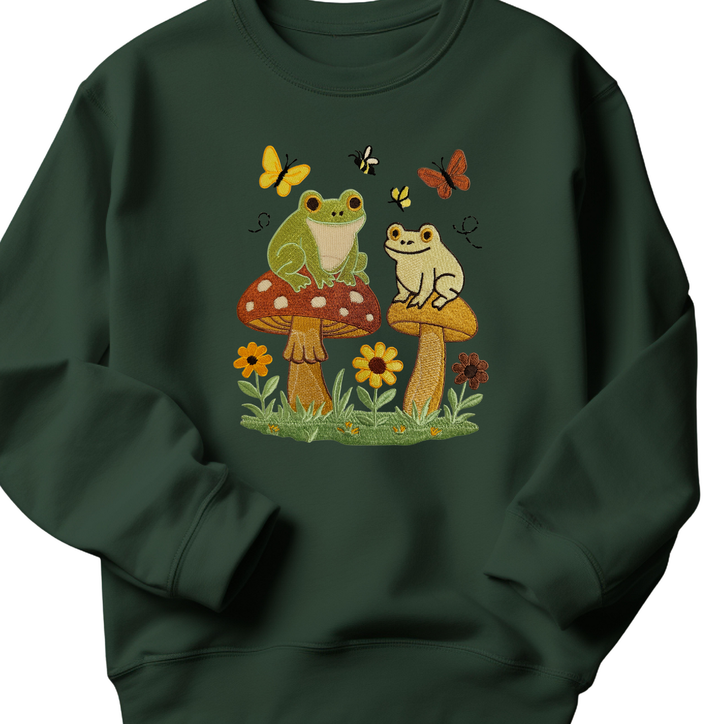 Frogs on Mushrooms Embroidered Sweatshirt | Cute Nature Crewneck or Hoodie | Cottagecore Frog Sweater | Made to Order in 10 Colors
