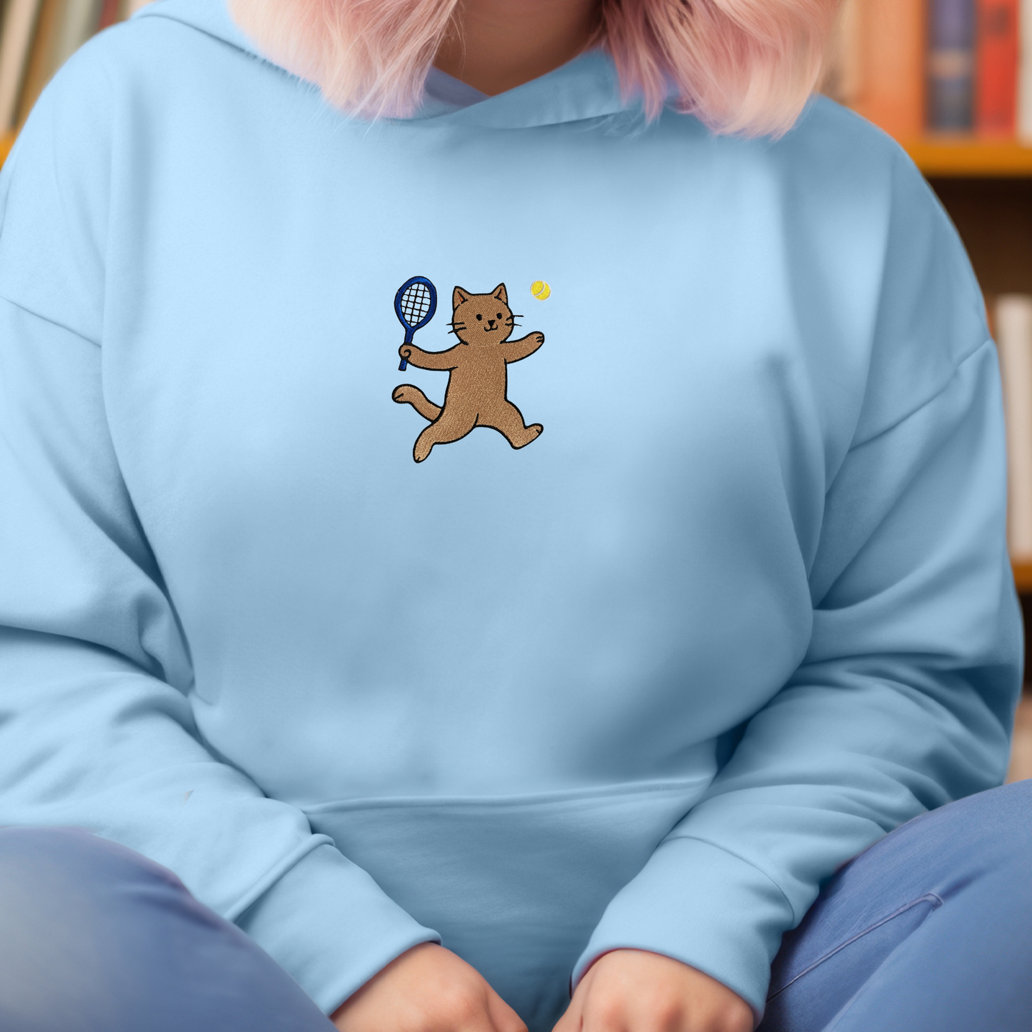 Cat Playing Tennis Embroidered Sweatshirt | Cute Cat Hoodie or Crewneck | 10 Color Options
