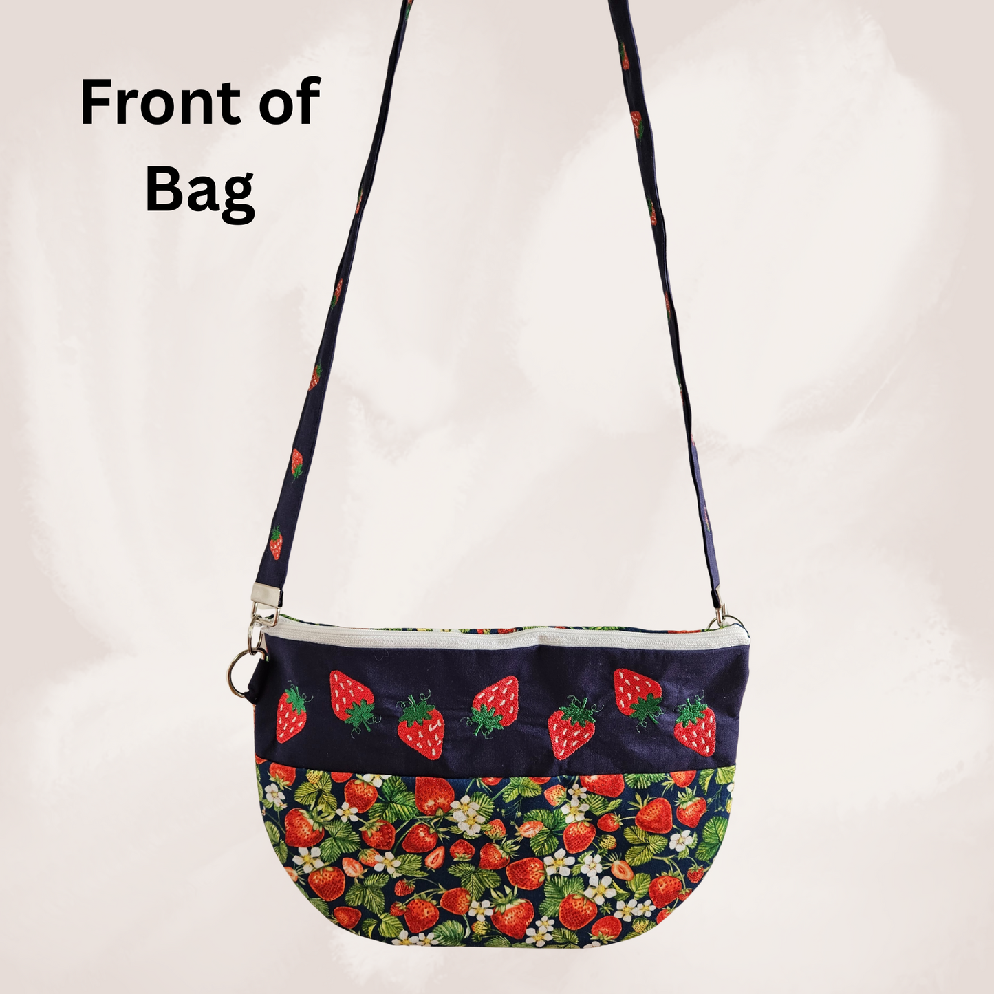 Handmade Navy Strawberry Crossbody Bag – Embroidered Cotton Purse with Fixed Strap – Summer Fruit Shoulder Bag