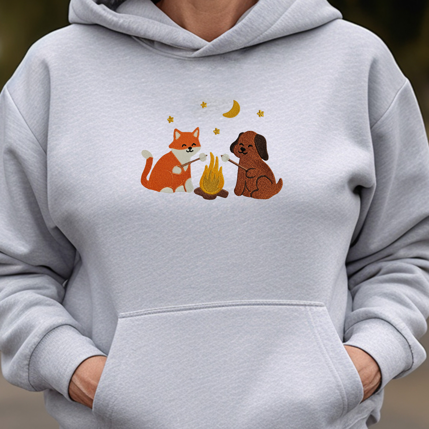 Cozy Campfire Friends Embroidered Sweatshirt | Fox & Dog Roasting Marshmallows | Fall Camping Crewneck or Hoodie