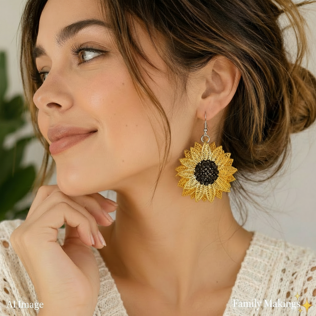 A woman wearing embroidered sunflower earring