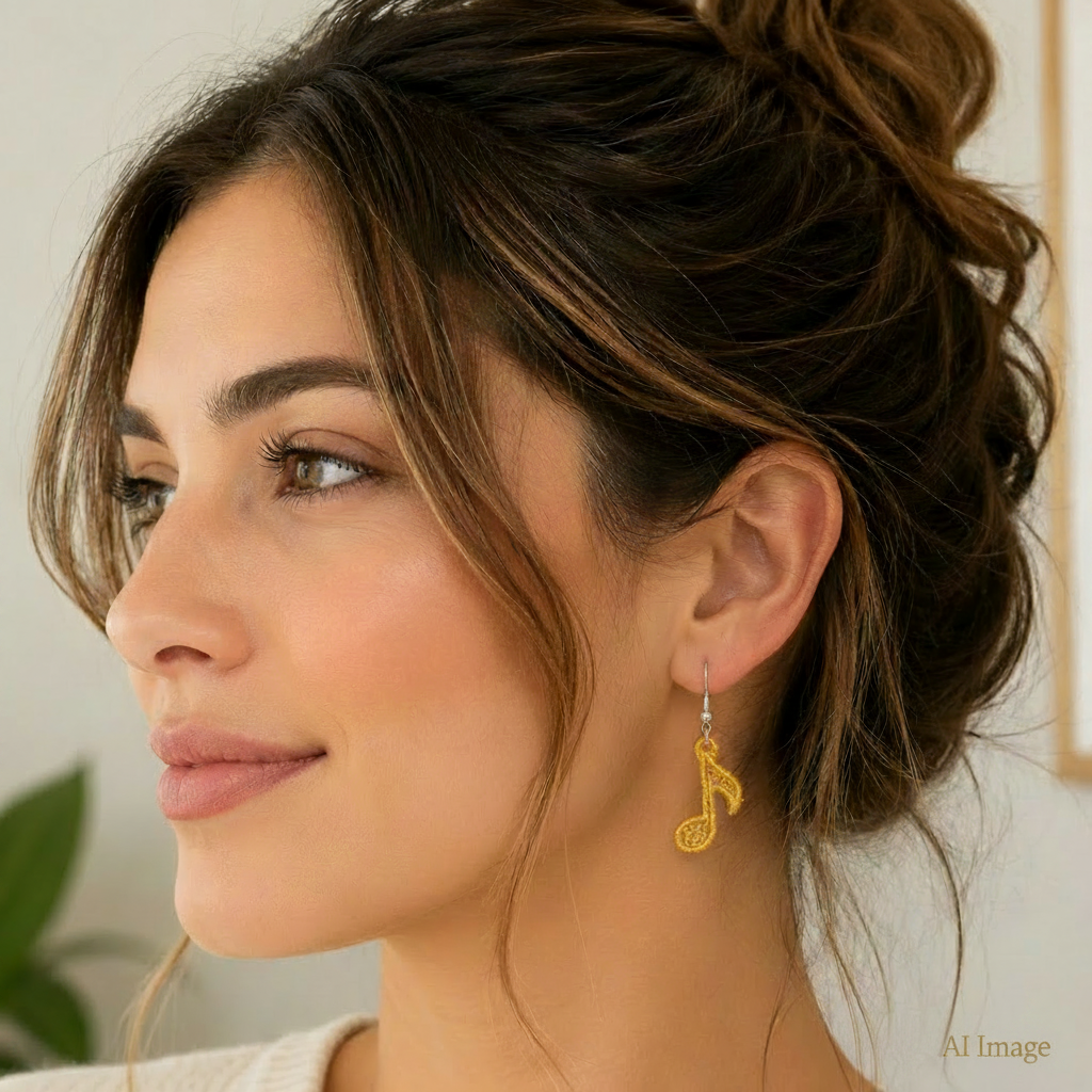 A person wearing an eighth note embroidered earring