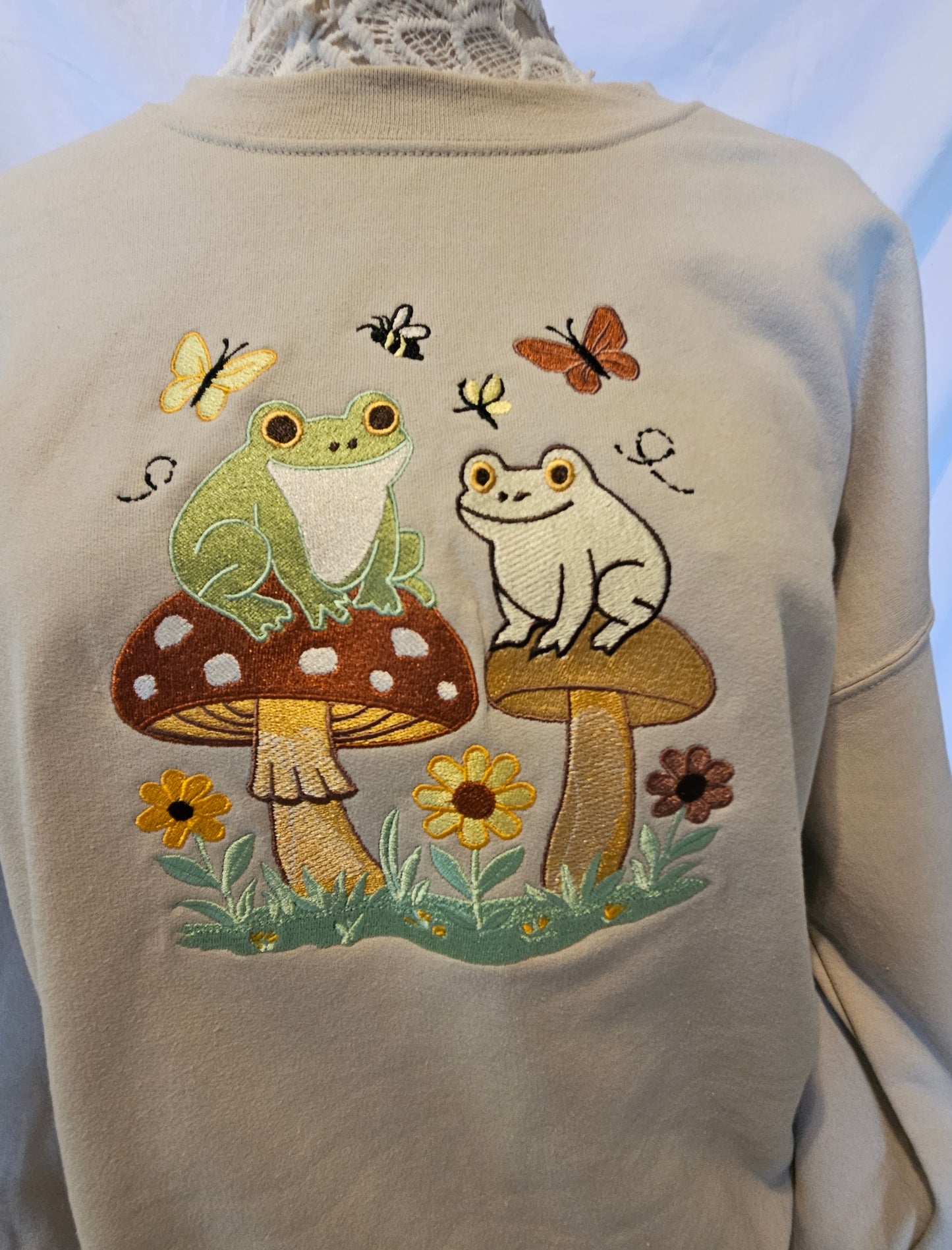 Frogs on Mushrooms Embroidered Sweatshirt | Cute Nature Crewneck or Hoodie | Cottagecore Frog Sweater | Made to Order in 10 Colors