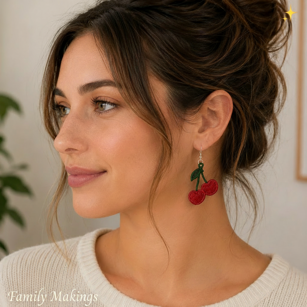 A person wearing embroidered cherry earrings