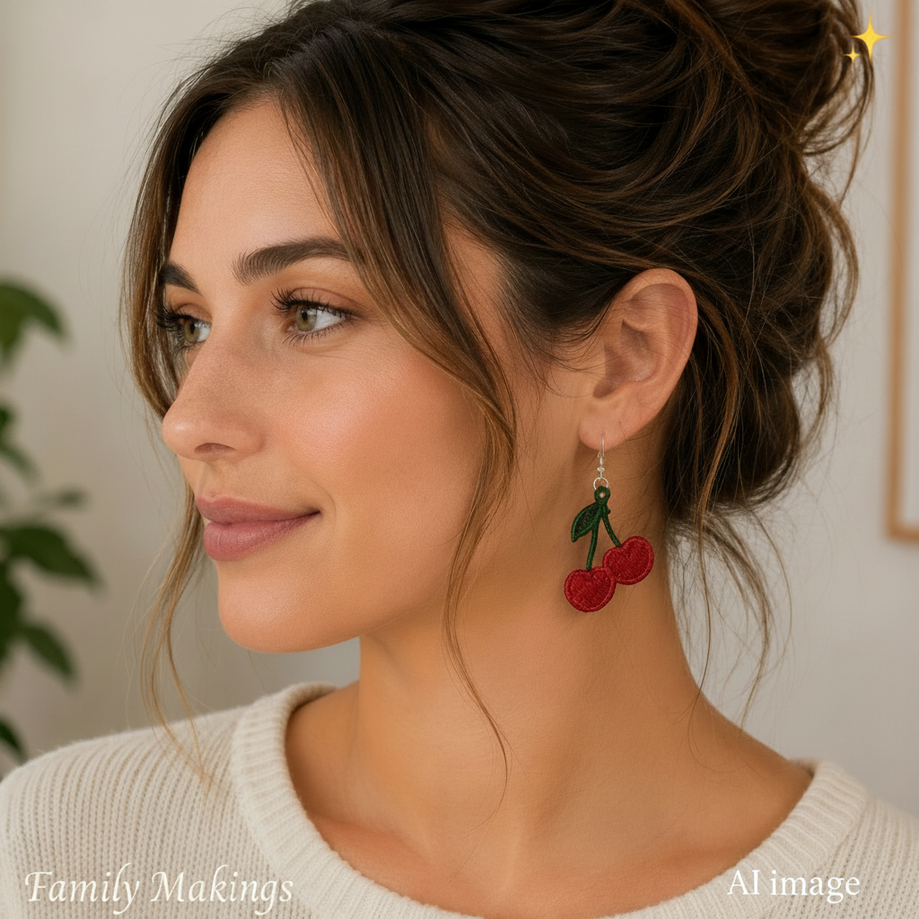 A person wearing embroidered cherry earrings