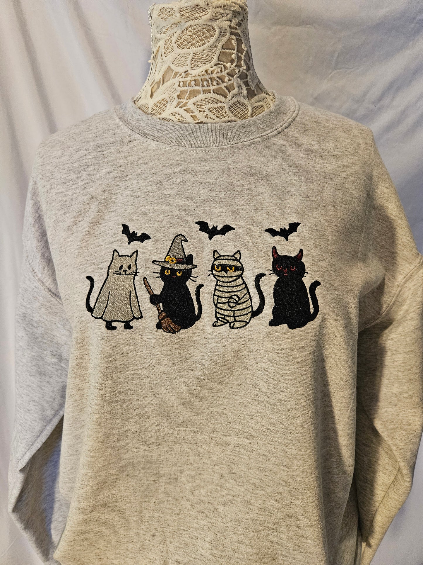 Embroidered Halloween Cat Sweatshirt – Ghost, Witch, Mummy & Devil Cats – Crewneck or Hoodie – Fall Spooky Season Sweater