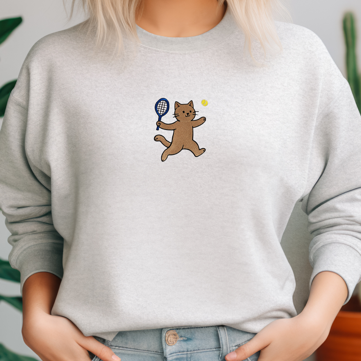 Cat Playing Tennis Embroidered Sweatshirt | Cute Cat Hoodie or Crewneck | 10 Color Options