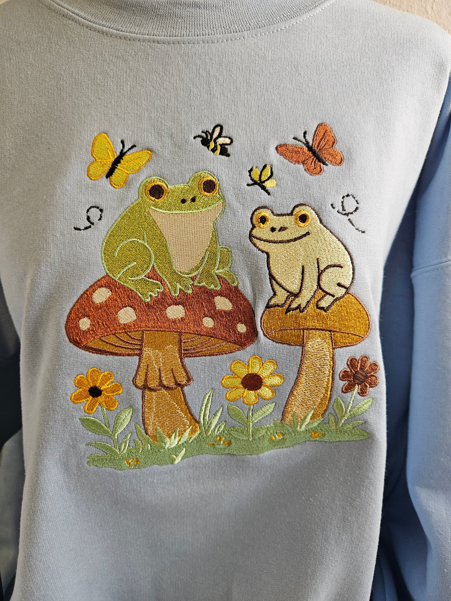 Frogs on Mushrooms Embroidered Sweatshirt | Cute Nature Crewneck or Hoodie | Cottagecore Frog Sweater | Made to Order in 10 Colors