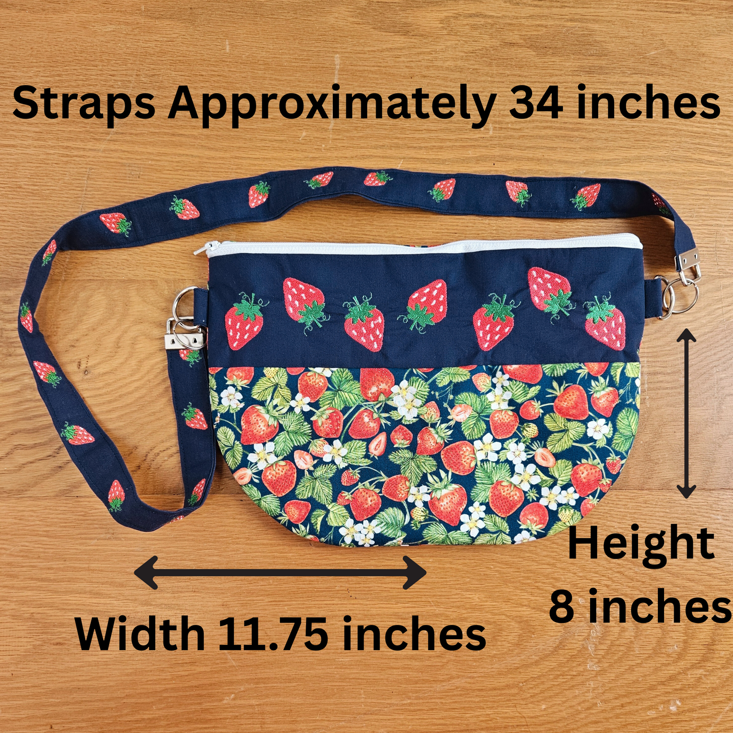 Handmade Navy Strawberry Crossbody Bag – Embroidered Cotton Purse with Fixed Strap – Summer Fruit Shoulder Bag