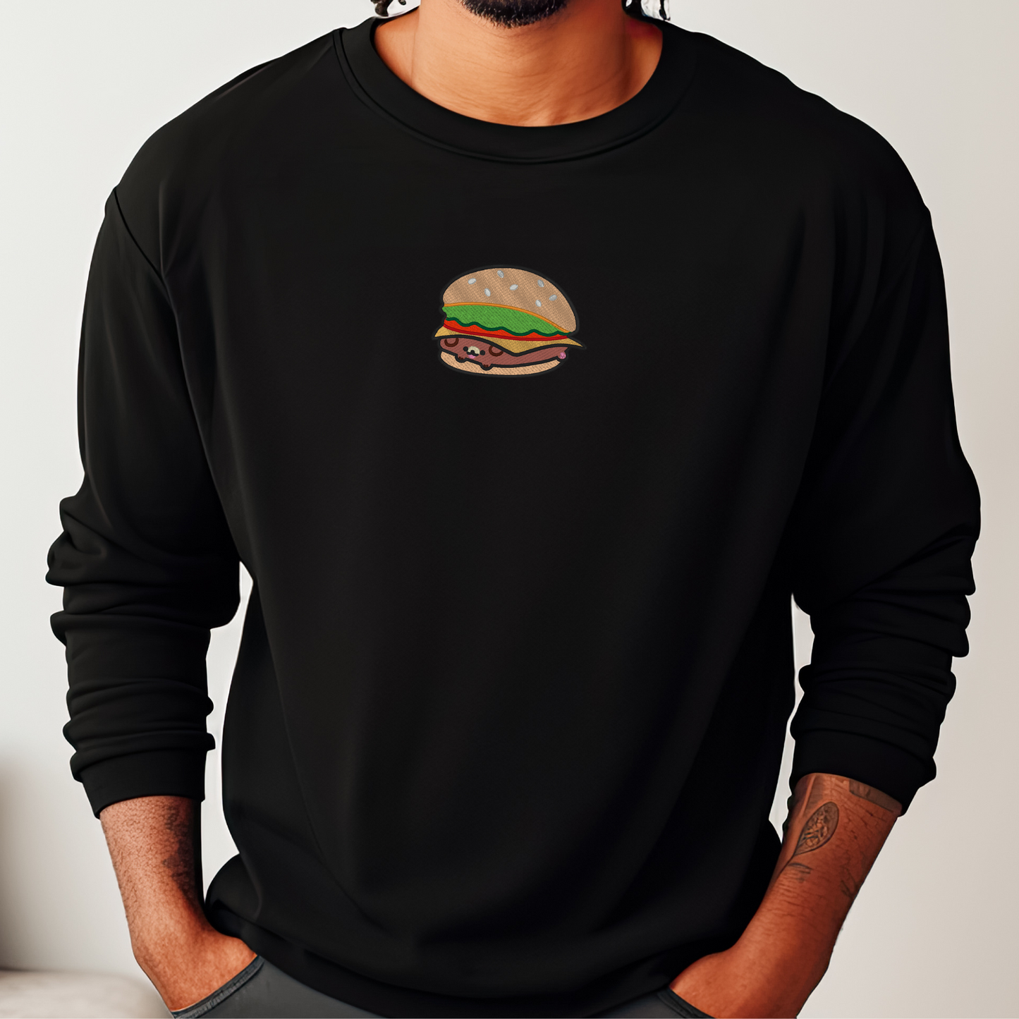 Hamburger Dog Embroidered Hoodie or Crewneck | Funny Dog Lover Sweatshirt | Cute Pet Hamburger Pullover | Gildan | 11 Colors