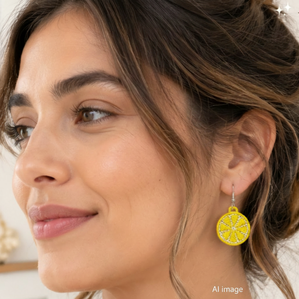 A person wearing the lemon slice embroidered earrings