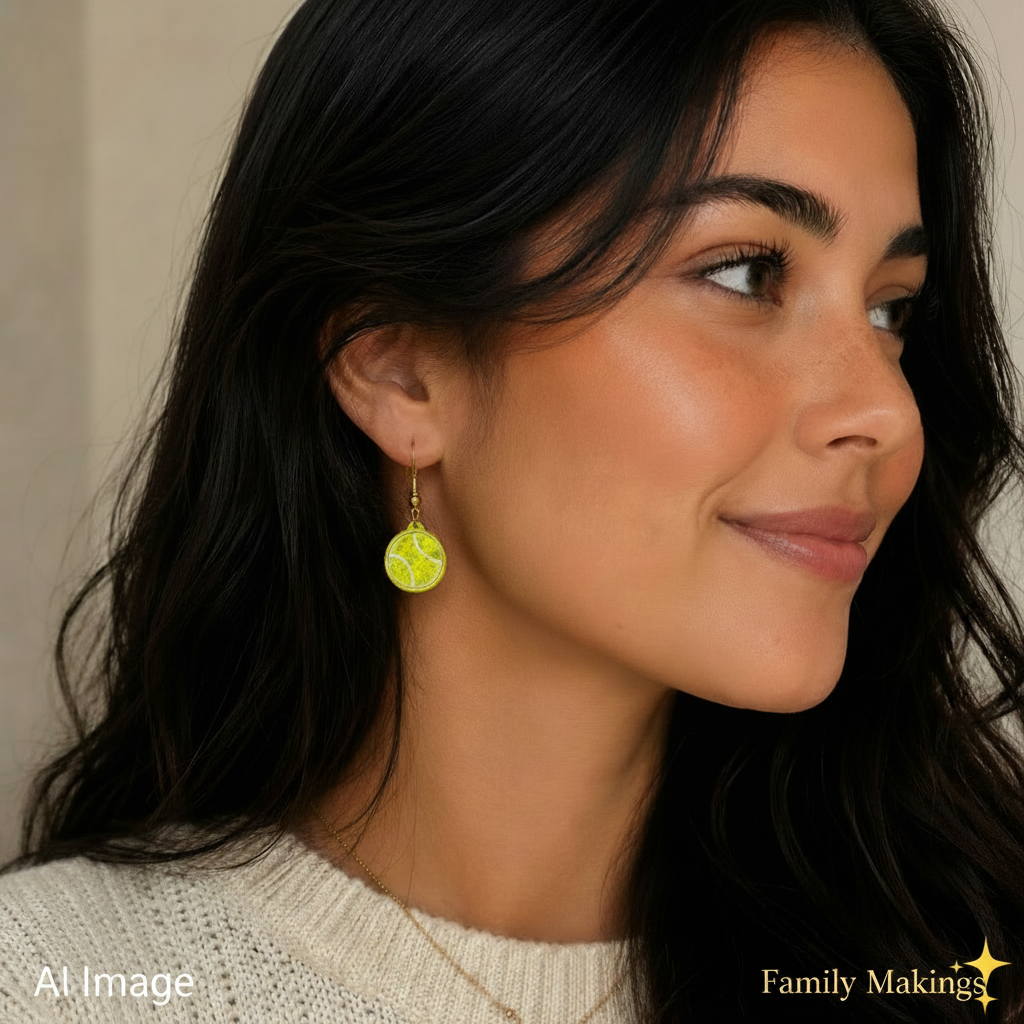 Woman wearing yellow tennis ball earrings with a neutral background